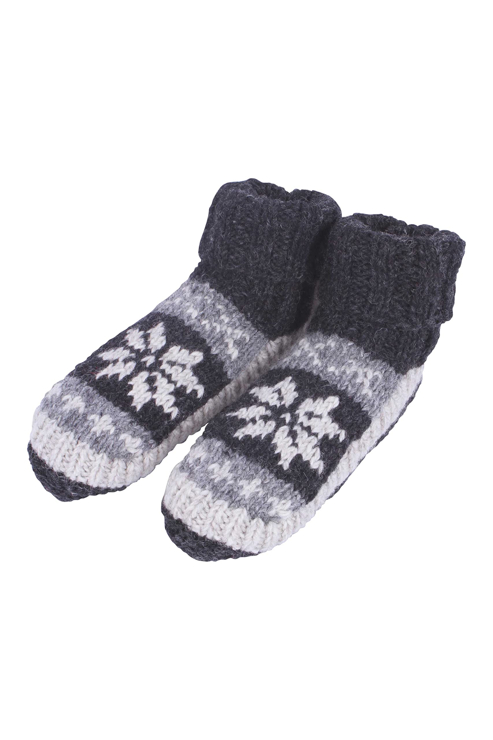 Men 100% Wool Lined Sofa Socks Handknitted Fair Isle Charcoal Large 8-11 Handmade Extra Warm