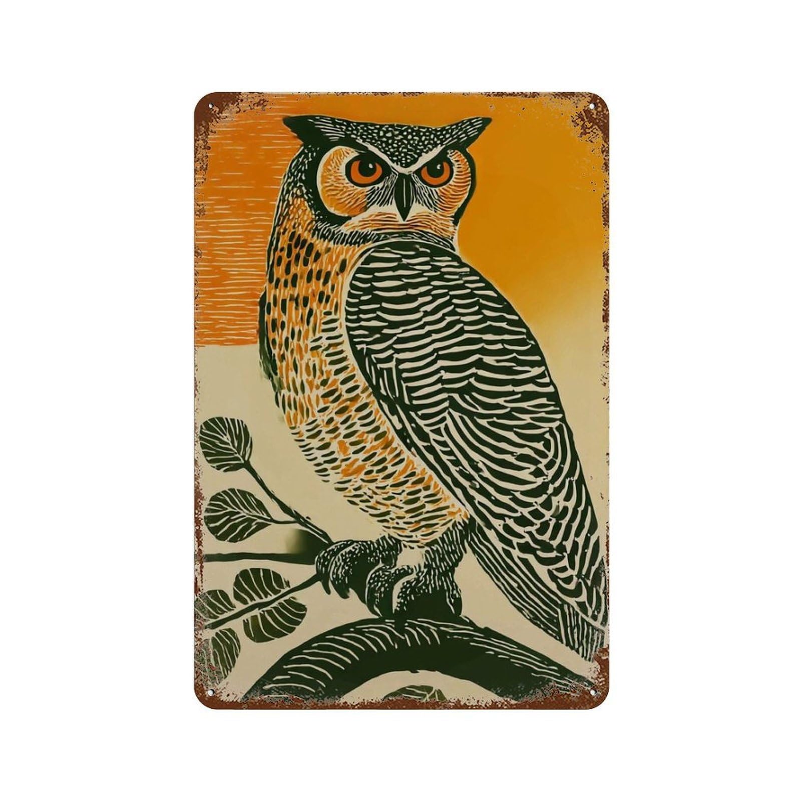 xiaoxiaoshen Great Horned Owl Bold Orange Green Bird Linocut Style Woodland Animal Wall Decor Art Metal Tin Poster Modern Home Decor Art Home Bar Shop Decorations Vintage Sign 30x20cm
