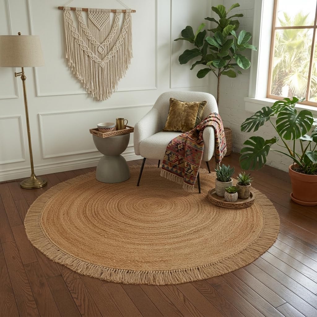 FURNISHFUL FINESSE Handwoven Natural Jute Round Rug with Tassels – 182 cm Large Circle Reversible Fiber Carpet – Rustic Vintage Home Decor, Eco-Friendly for Living Room Floor Mat