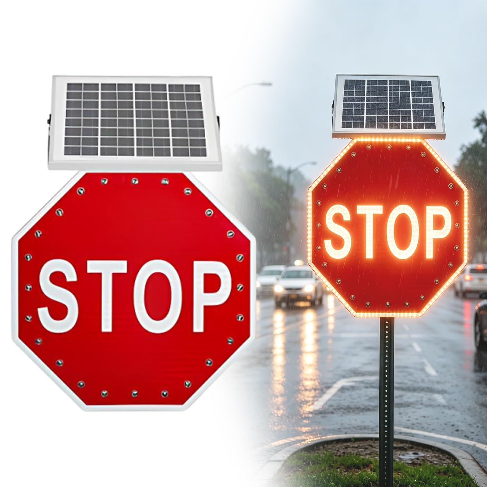 Cartel Reflectante de Parada Solar, Señal de Stop LED Intermitente, Alta Visibilidad 500 m, IP65 Impermeable, para Vías Rurales, Centros Ciudadanos y Áreas Recreativas(30")