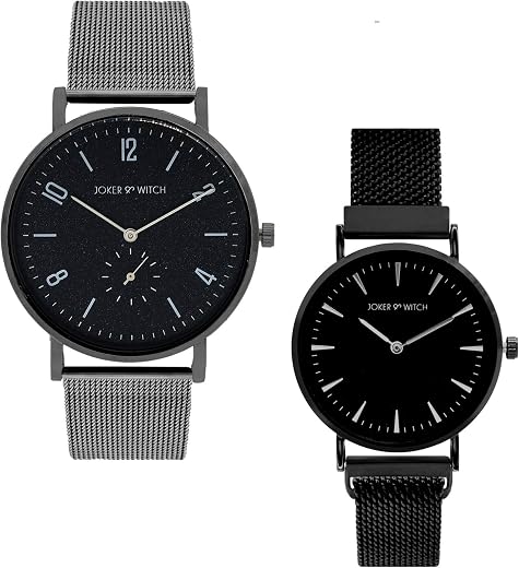 Joker &amp; Witch Stainless Steel Fred &amp; Wilma Couple Analogue Watches, Black Dial, Black Band