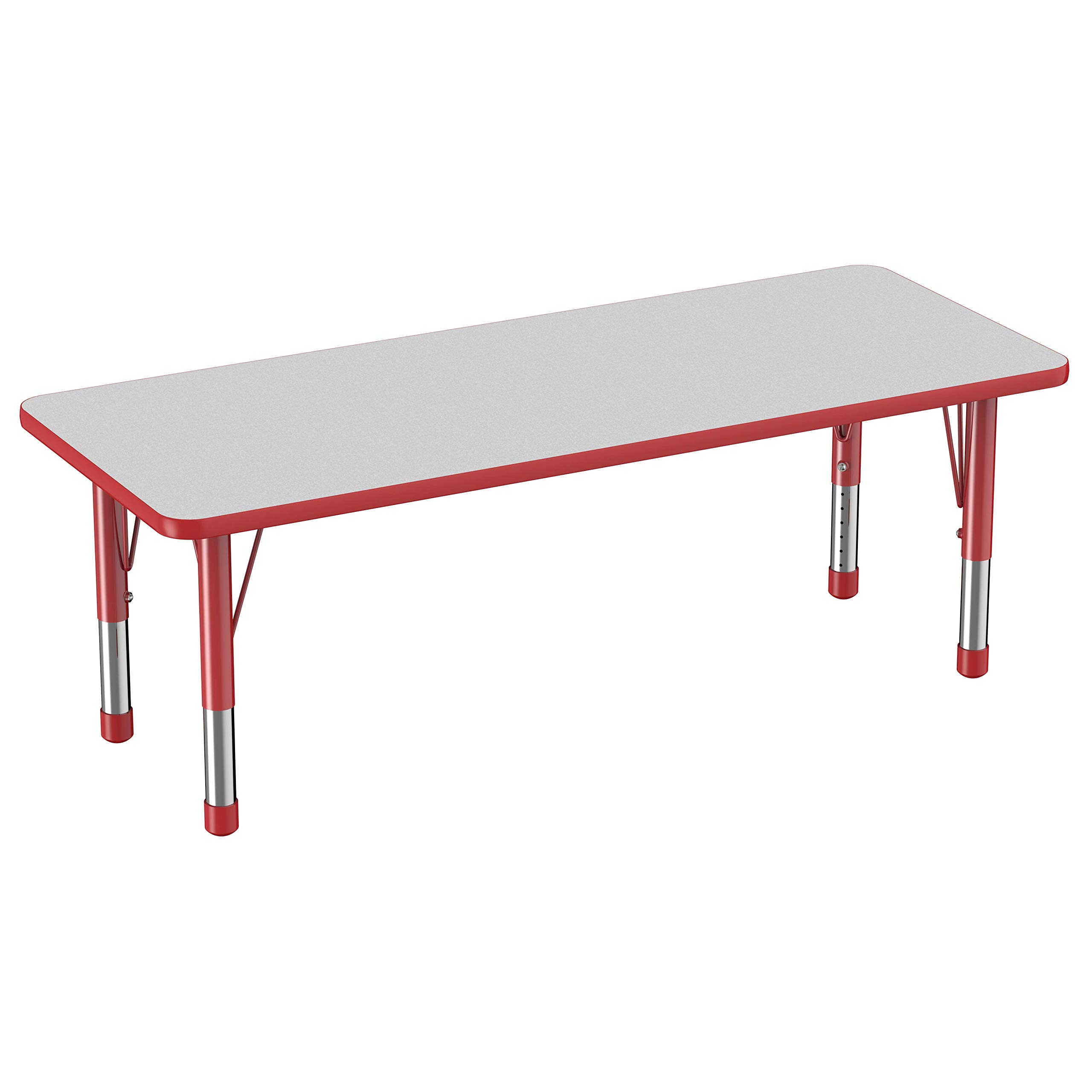 FDP Rectangle Activity School and Classroom Kids Table (24 x 60 inch), Chunky Toddler Legs, Adjustable Height 15-24 inches - Gray Top and Red Edge