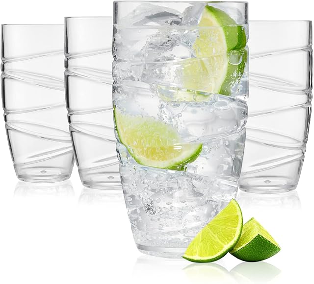 Cucoon London Reusable Plastic Glasses - Plastic Drinking Glasses Set of 4 for Parties, Camping, BBQ and Outdoor Usage, 550ml Clear White Acrylic Glass for Adults and Children - BPA Free