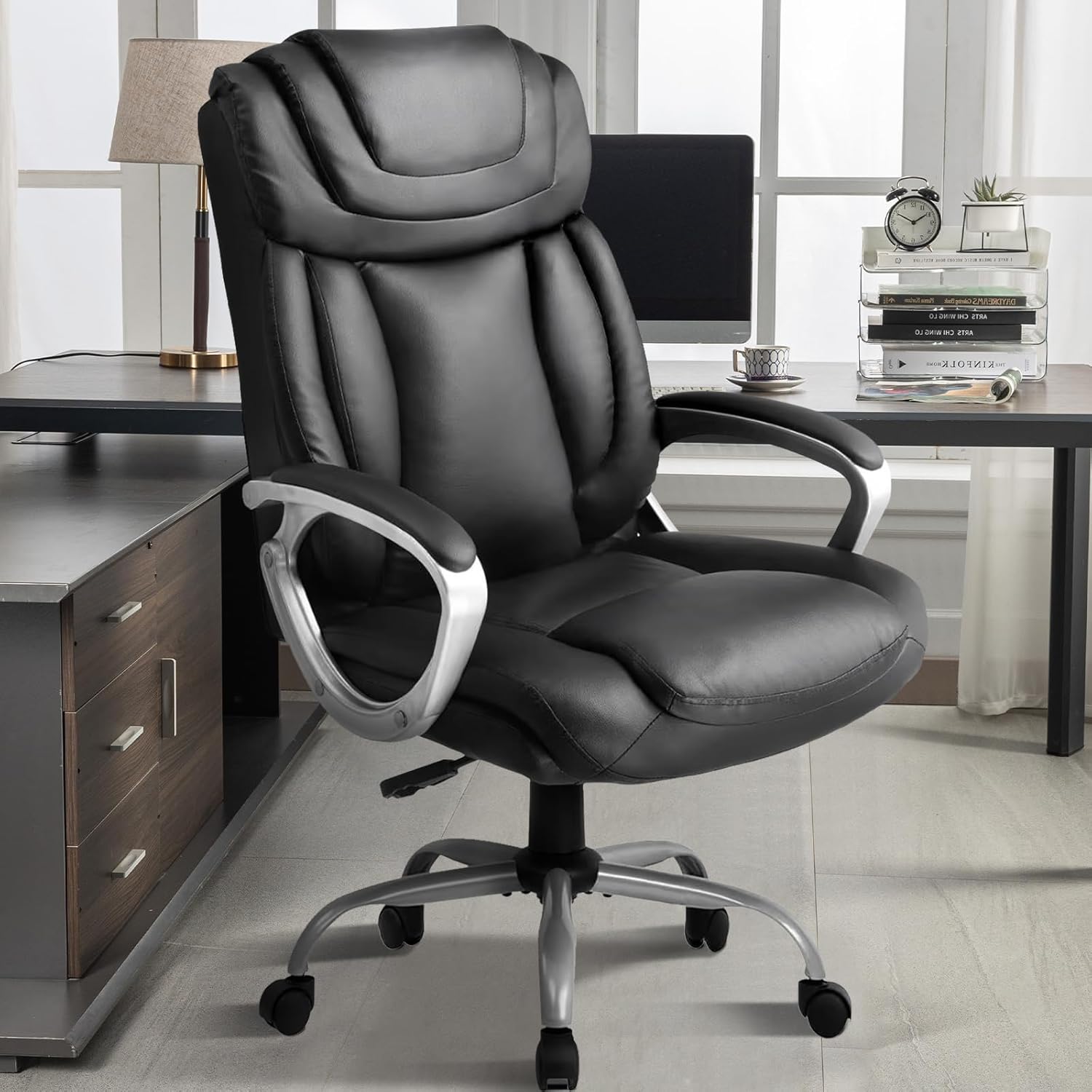 COMHOMA Ergonomic Office Chair Home Office Desk Chairs Comfy Back Support PU Leather Executive Office Chair with Wheels Headrest Padded Armrests Height Adjustable Tilt Swivel Rolling Reclining Seat