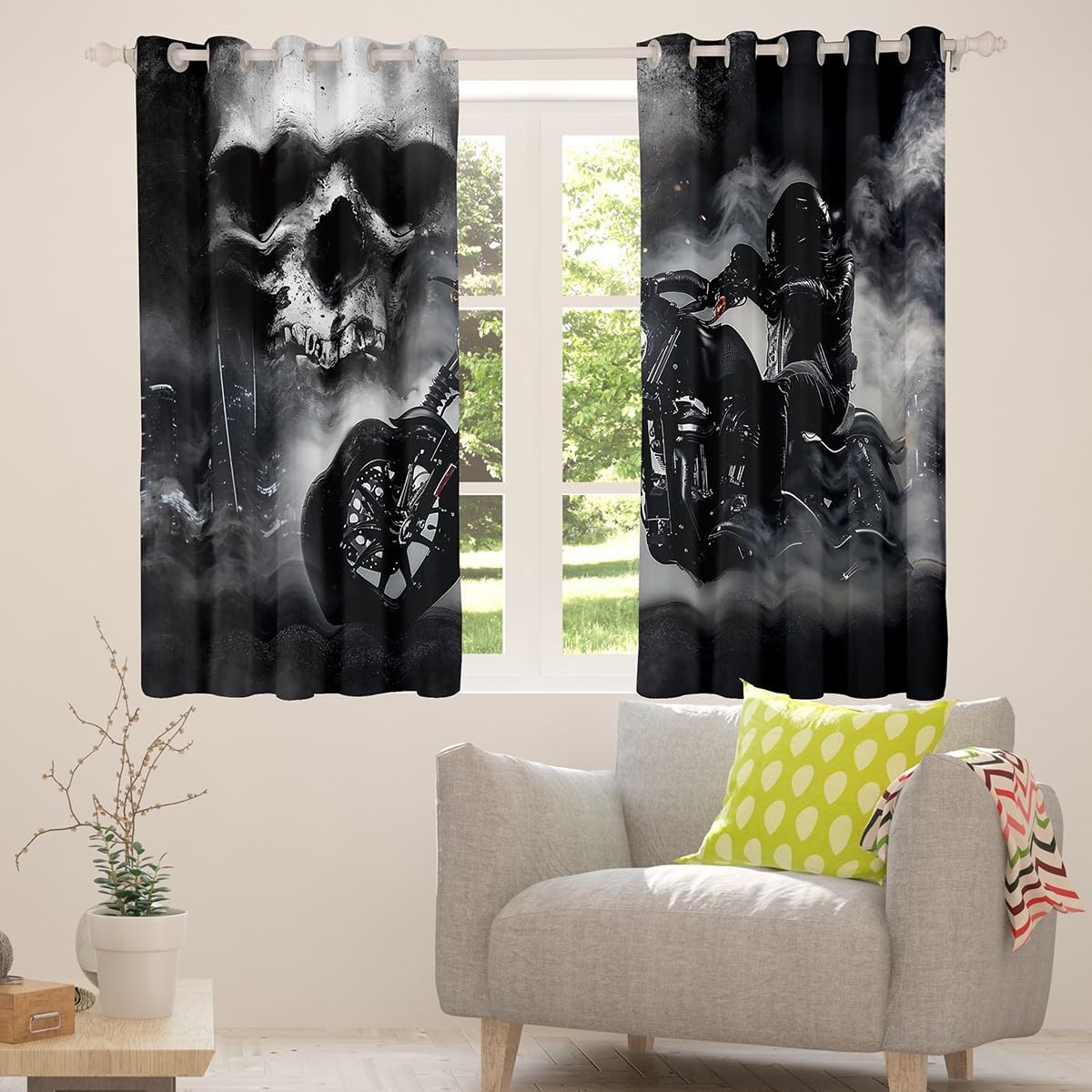 Black Motorcycle Rider Window Curtain Gray Skull and Mist Decor Blackout Curtains Extreme Sport for Boys Teens Men Lightweight Microfiber Polyester for Dorm Bedroom and Living Room, 76Wx45L inch