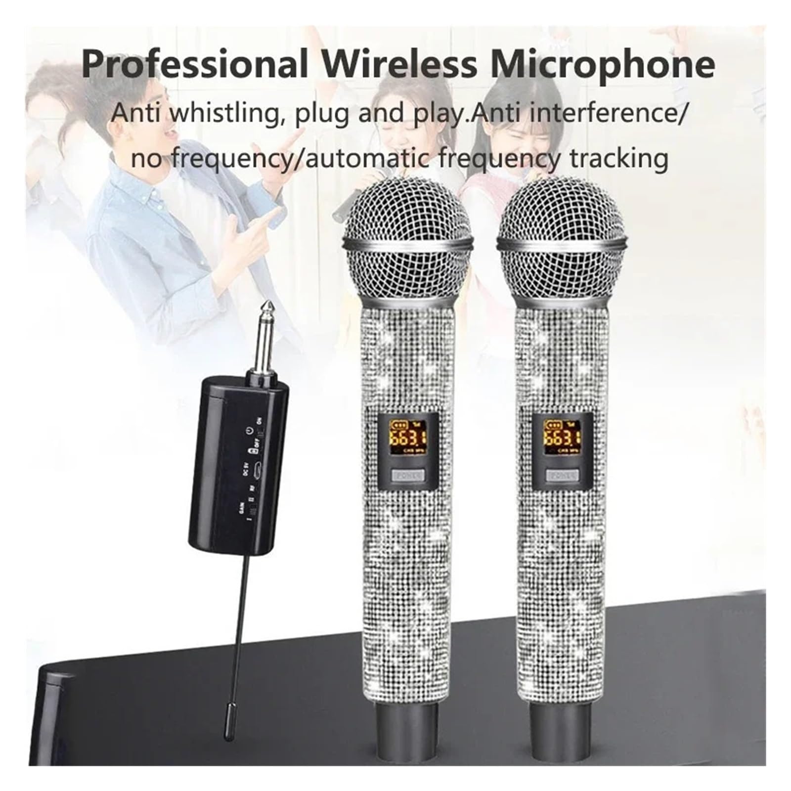 Microphone Sans Fil Professionnel Avec Diamant Type-c Charge Maison KTV Micro Audio Extérieur VHF Scène Karaoké Dynamique Captation Sonore Claire(1 drag 1)