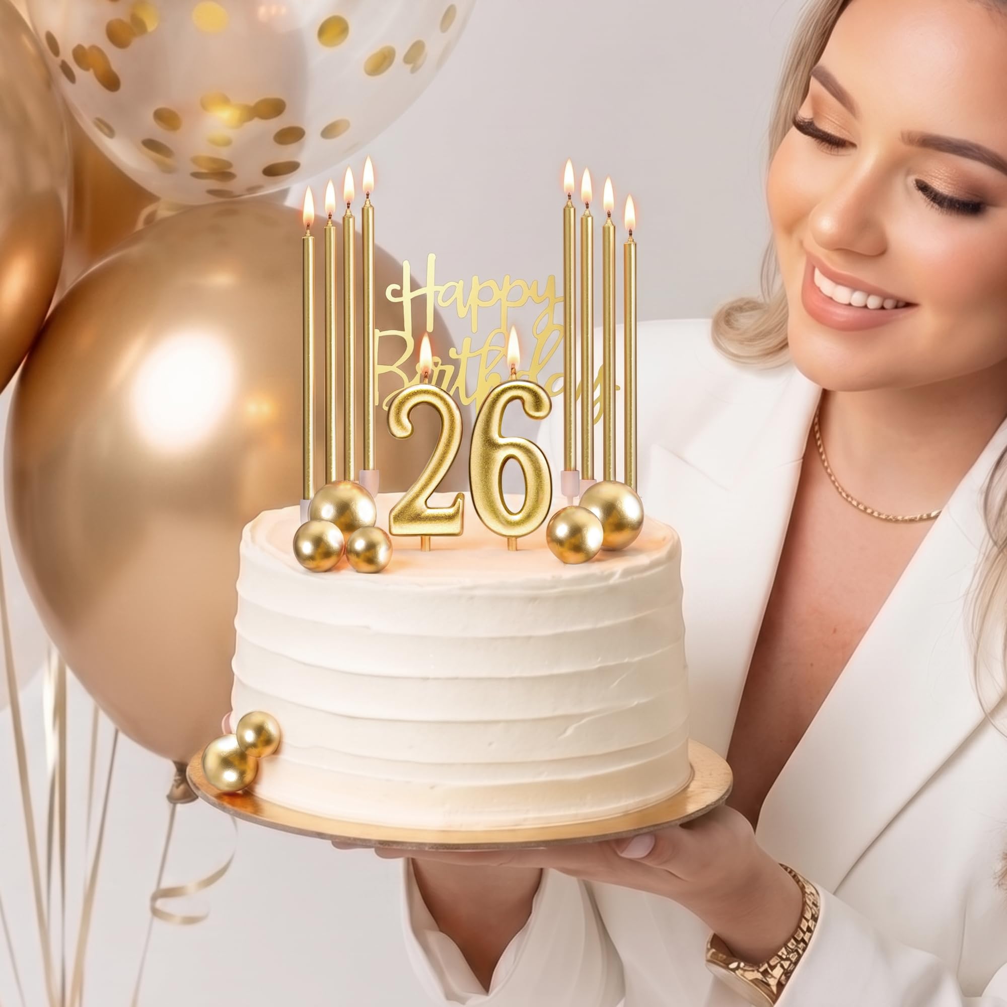 PHD CAKE 46 Stück goldene Geburtstagskerzen, 10 Kuchen-Zahlenkerzen, 9 Kugel-Kuchenaufsätze, 3 Geburtstagskuchenaufsätze, Party-Feier
