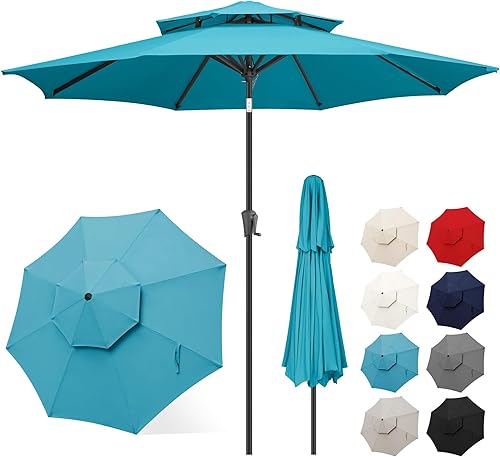 Miniatura 14 de FLAME&SHADE Sombrilla de Patio de 9 pies - Sombrilla para Exteriores de 2 Niveles con Botón de Inclinación y Manivela para Protección UV, Sombrilla