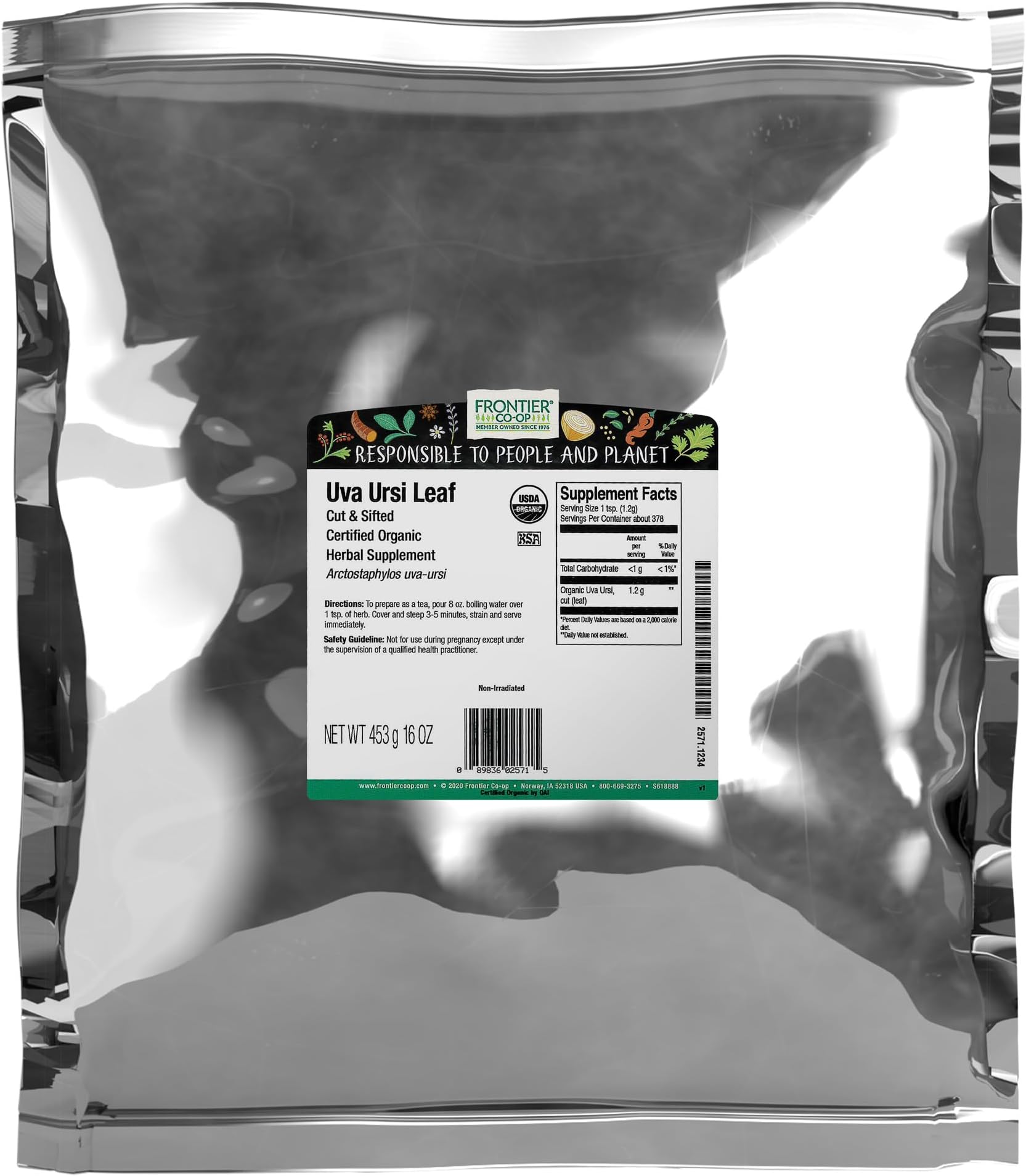 Frontier Bulk Uva Ursi Leaf C/S, Certified Organic, 1 Lb. Package