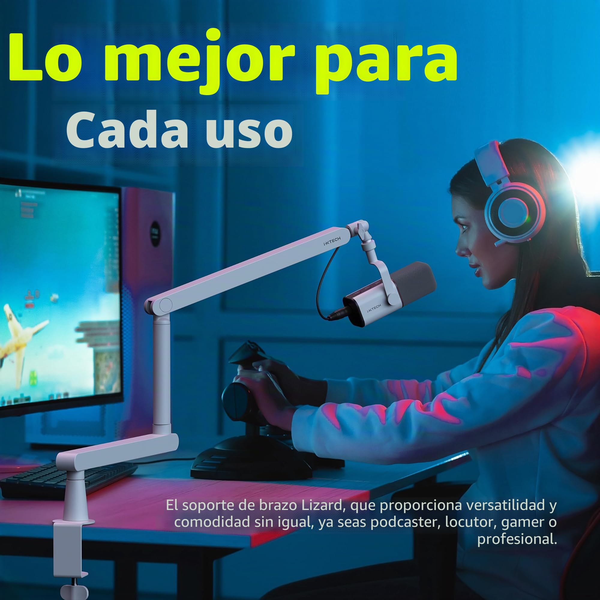 IXTECH Soporte de brazo para micrófono ajustable con rotación de 360°, soporte de micrófono de perfil bajo con brazo de boom para micrófono completamente ajustable y soporte universal para