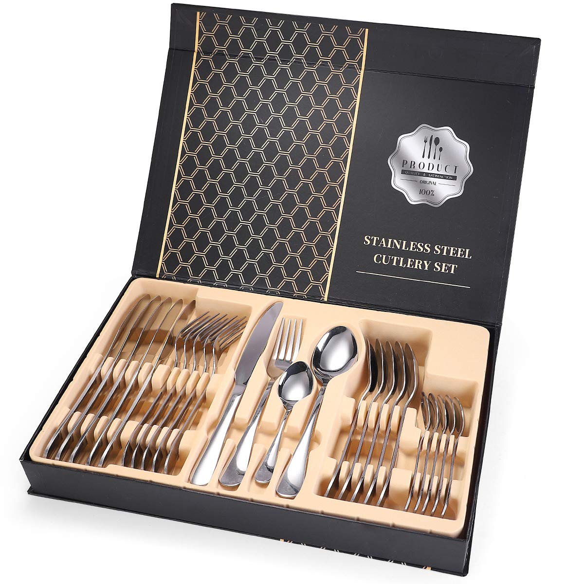 YumLock Gold Flatware Silverware Set, U-HOOME 24-Piece Stainless Steel Flatware Cutlery Set, Service for 6, Include Knife/Fork/Spoon/Teaspoon, Mirror Finish, Smooth Edge,with GIft Box-Silver