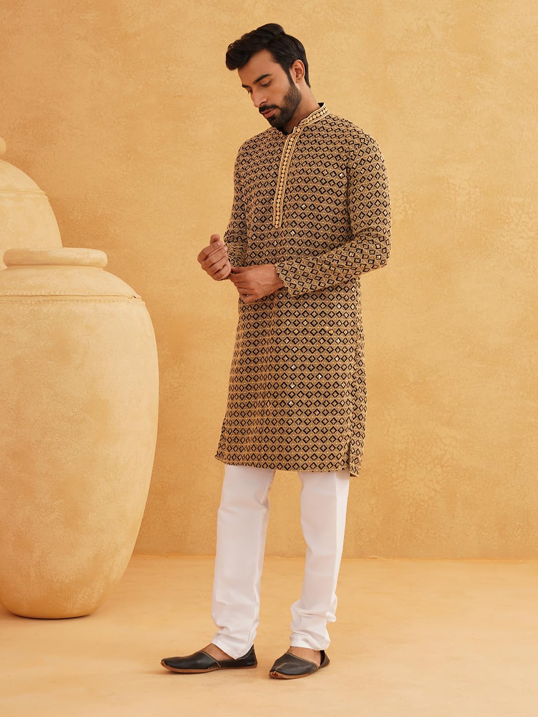 Sojanya (Since 1958 Men's Cotton Gold Embroidered Sequinned Gold Kurta With White Churidar Pyjama