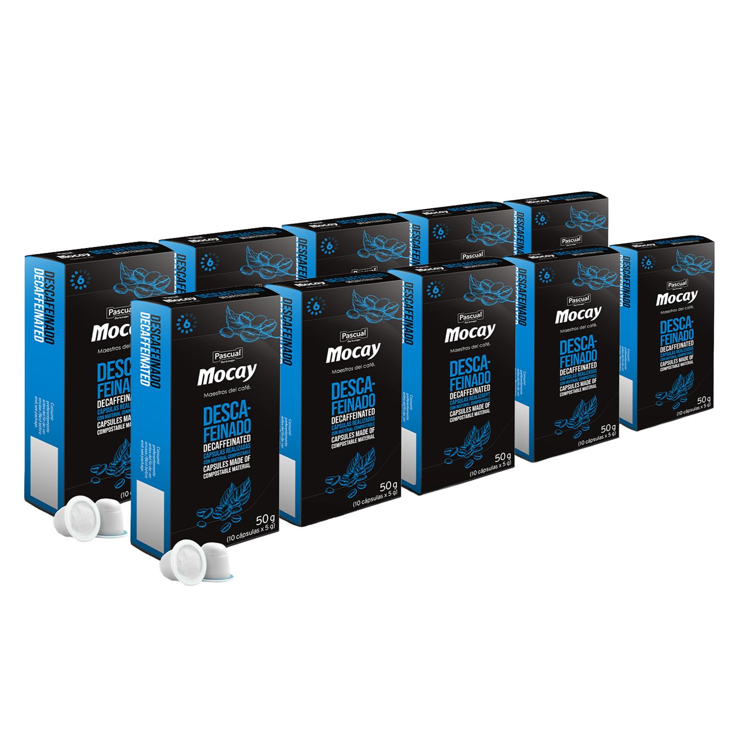 Café Mocay - Cápsulas Compatibles con Nespresso, Descafeinado, Compostables, 100% Arábica, Tueste Natural - Pack 10x10, Total 100 unidades + Llavero Mocay de Regalo.