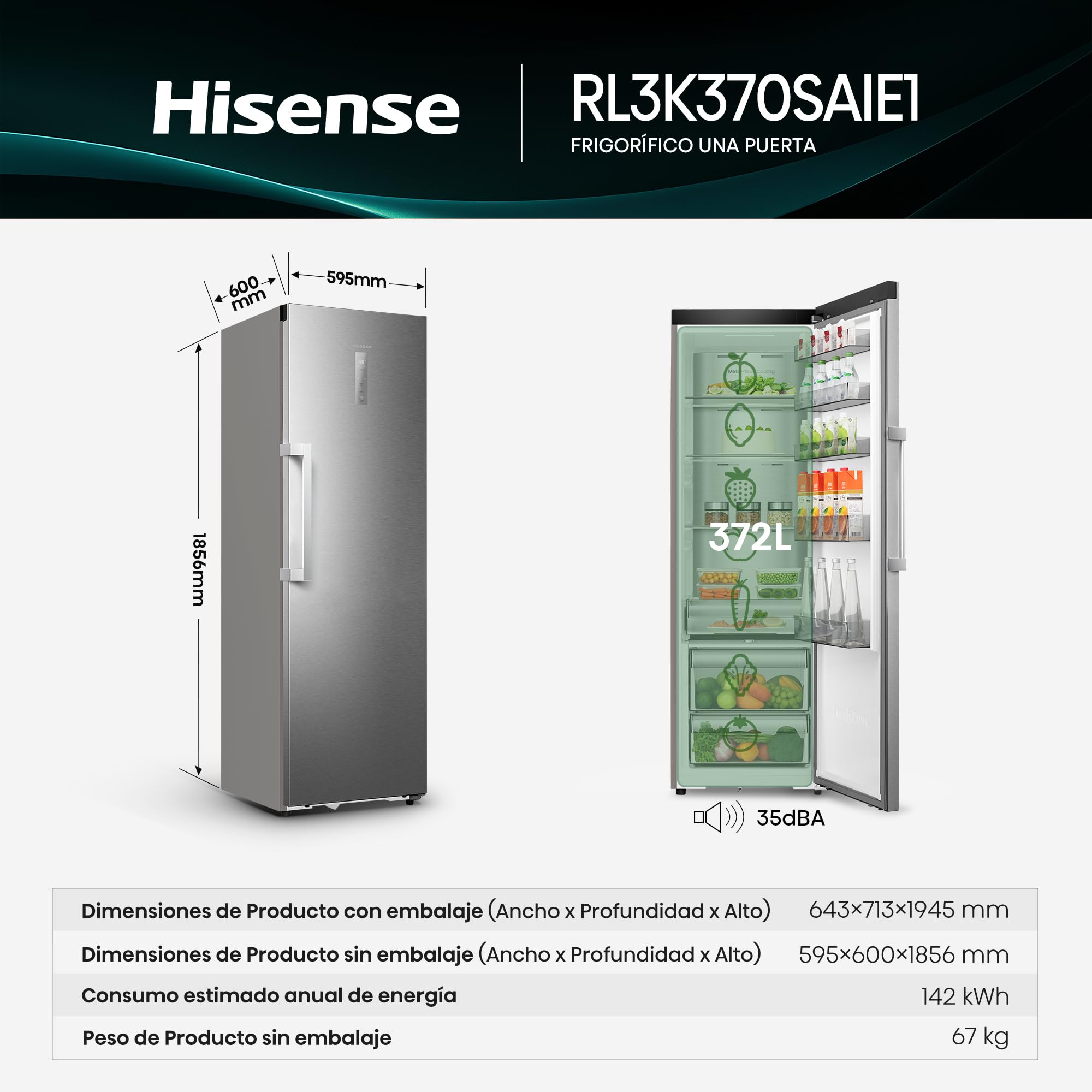 Hisense RL3K370SAIE1 - Frigorífico Una Puerta Total No Frost Kitchen Fit, 372L, 186cm, Ventilación Inferior, Apertura de Puerta 90º, Metal-Tech Cooling, Tirador de Apertura Fácil, WiFi, Inox