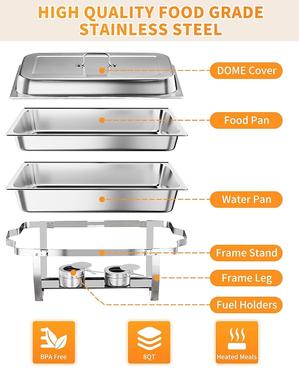 2 Pack Chafing Dishes for Buffet, Stainless Steel Catering Chafer with Lids, Pans & Fuel Holder, 8QT Food Warmers for Parties Buffet, Buffet Servers and Warmers for Parties, Events, Weddings,Silver by Garvee - Used condition - Image 7