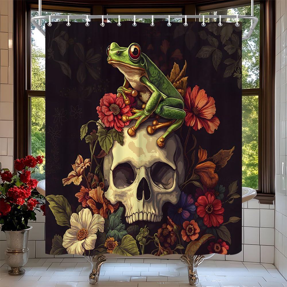 Gothic Skull Shower Curtain Tropical Tree Frog Red Floral Leaves Horror Skeleton Halloween Vintage Animal Rustic Wildflower Bath Curtain Fabric Bathroom Accessories Decor with Hooks 70W x90L