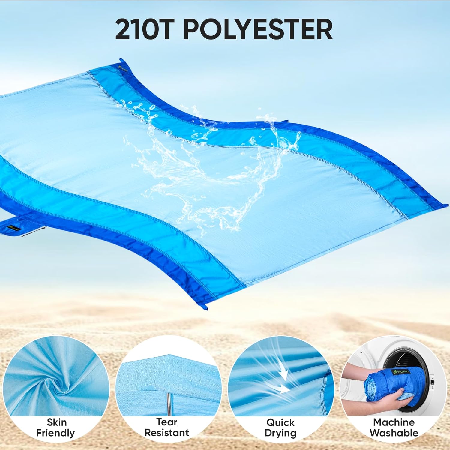 PTEROMY Beach Blanket Waterproof Sandproof, 108" X 120" Extra Large Beach Mat with Storage Bag, Quick Drying Lightweight, 6 Stakes, Accessories for Picnic, Travel (9x10 FT, Blue) - Image 2