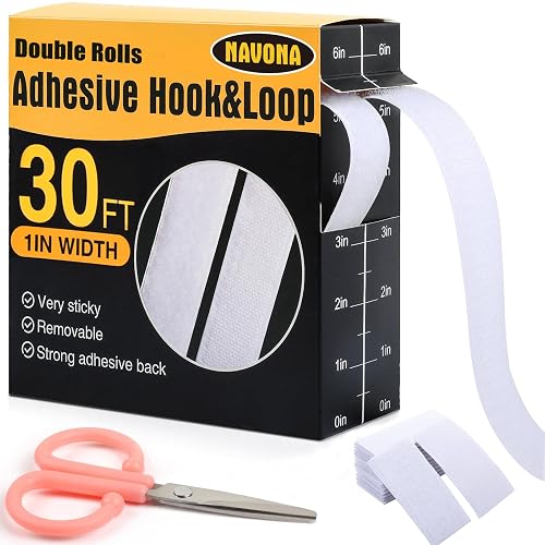 Navona 30Ft x 1 Inch Heavy Duty Hook and Loop Strips with Adhesive, White | Extra-Strong Hold, Measuring Scale Liner, Bonus Scissors, Durable Nylon Hook & Loop Tape, Ideal for Home, Office & DIY