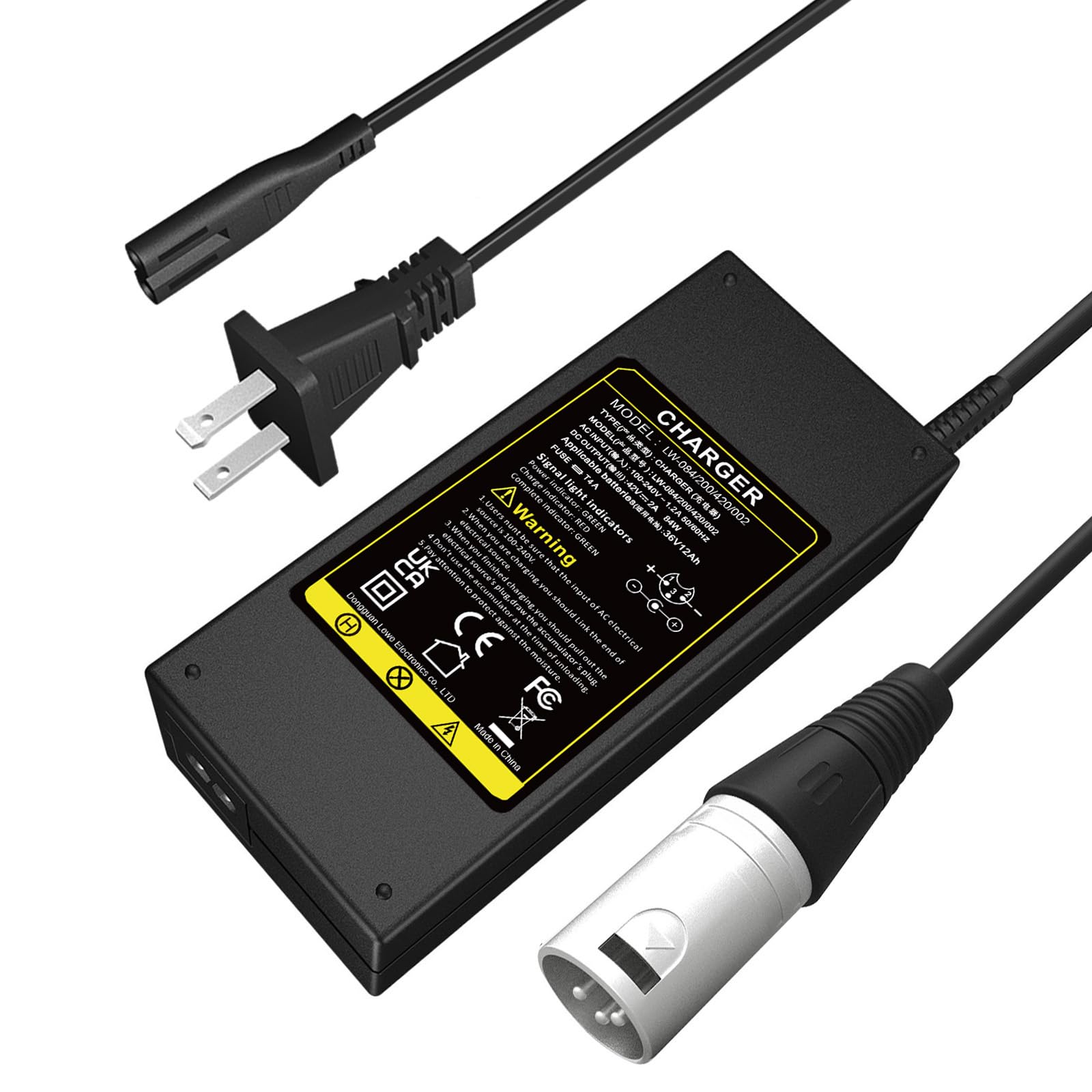 36V Electric Bike Charger 42V2A with 3-Pin XLR Connector Male for 36V Ebike Battery Adapter Power Cord
