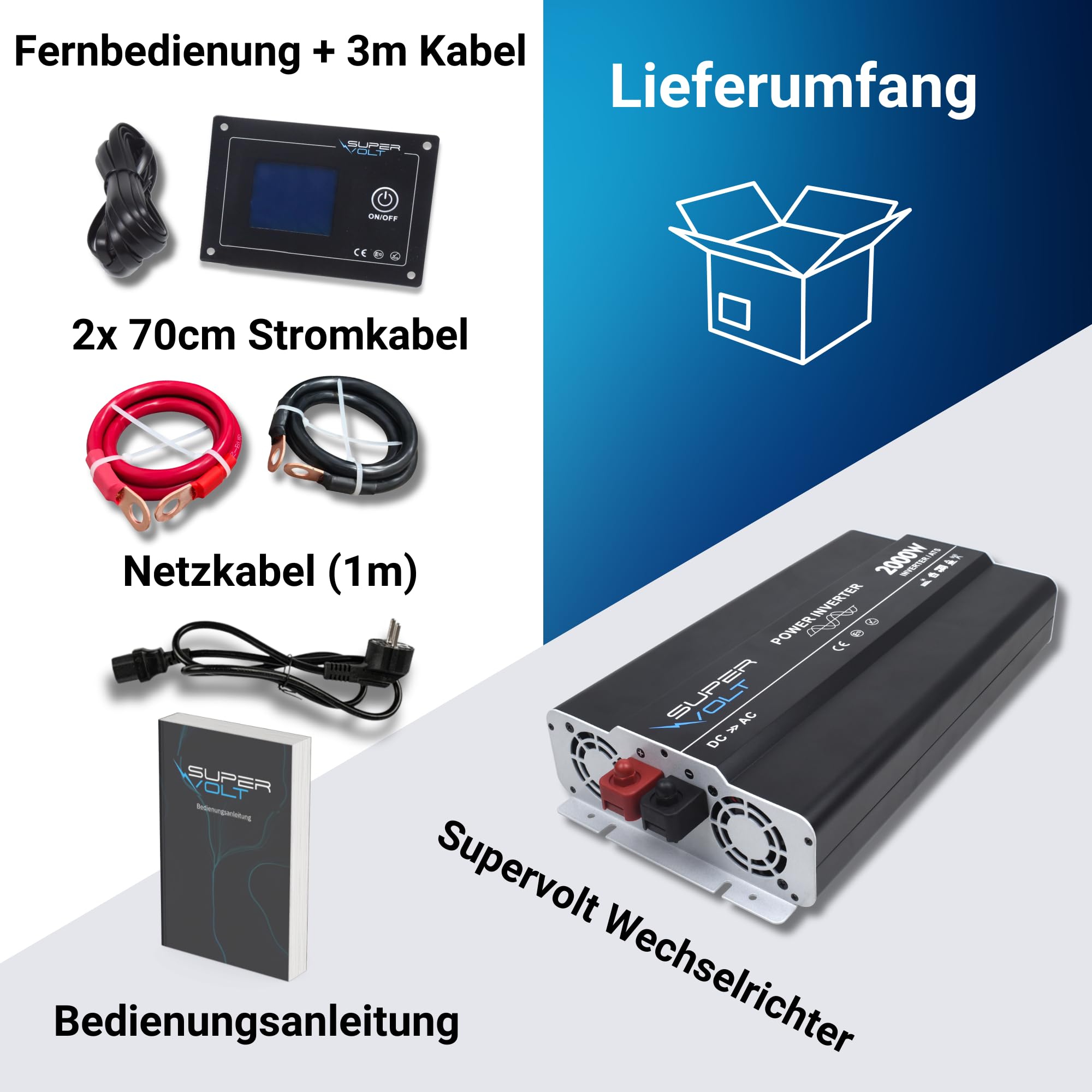 Wechselrichter 12V auf 230V 2000W Reiner Sinus mit Netzvorrangschaltung & FI-Schutz | Für empfindliche Geräte | Mit Fernbedienung, USB & Schuko-Dosen | Ideal für Wohnmobil, Boot, Offgrid