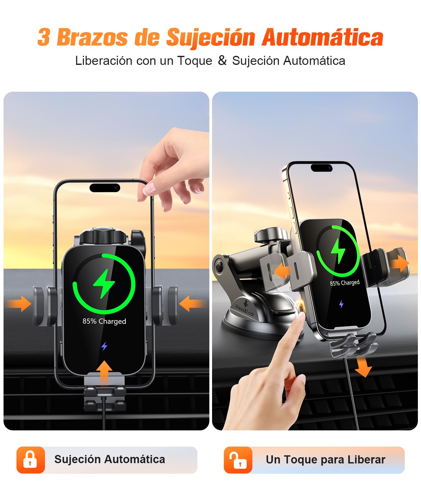 ISEYOU 15W Cargador Inalambrico Coche, [Sujeción Automático] Soporte Movil Coche Cargador Inalambrico, Wireless Car Charger con Ventosa y Clip de Ventilación, Compatible con iPhone 17/16/15/14, etc.