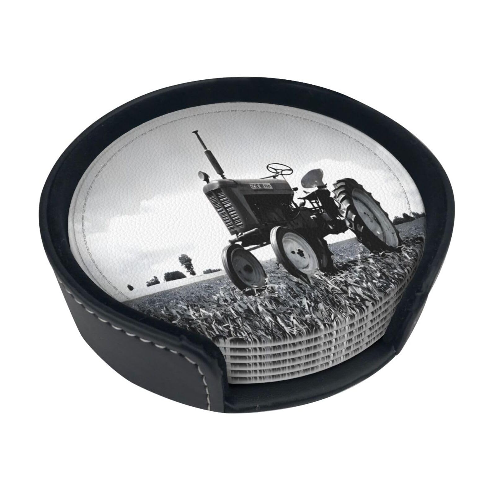 Ykclkshka White Tractor Agriculture Tranquil Round Leather Coasters (6 Pieces) - Drink Coaster Set For Desk, Modern Easy To Clean Home Office & Farmhouse Coasters