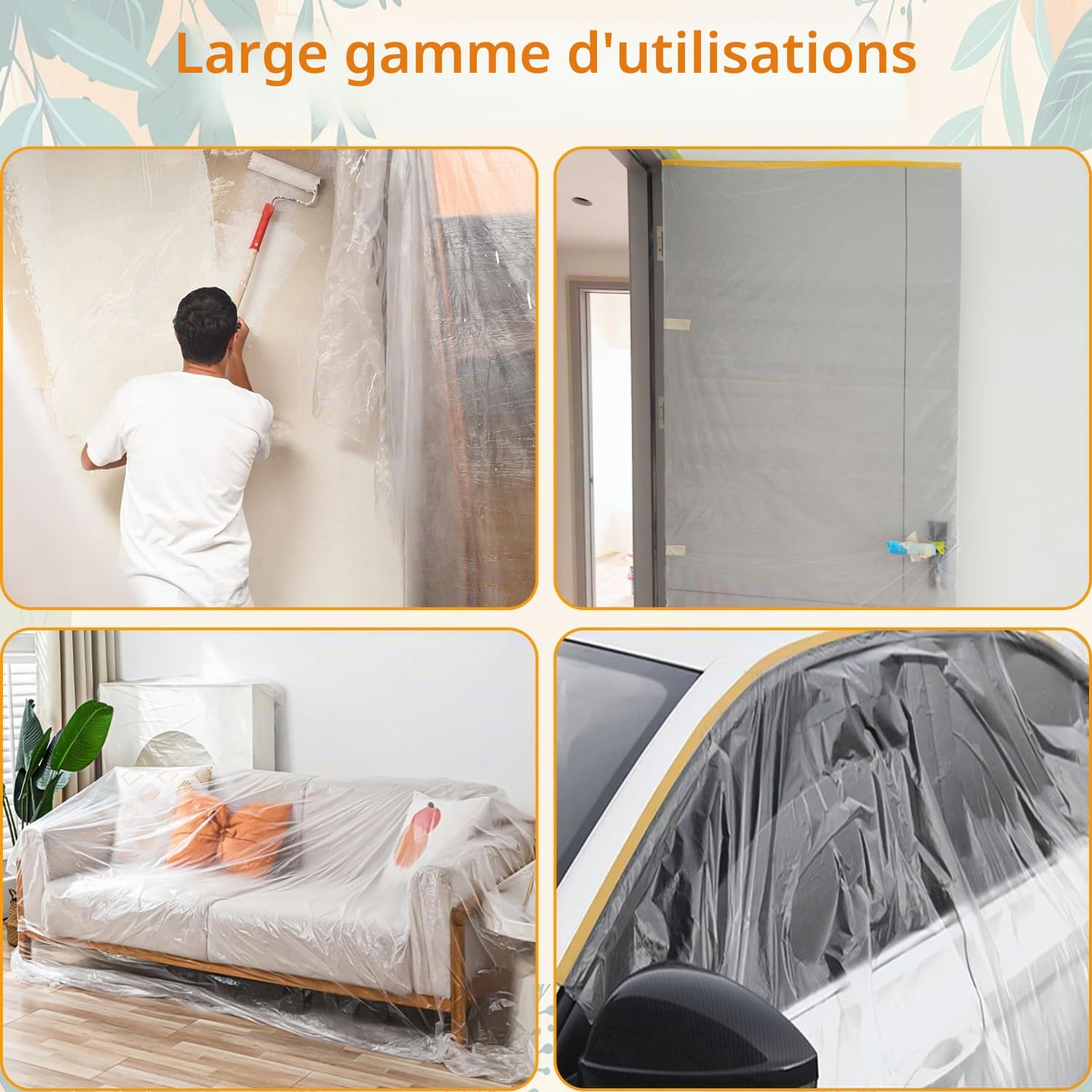 4 Rouleaux Bâche de Protection Peinture 270cm x 20m -Film de Masquage Peinture Imperméable Anti-Poussière - Pour Sol, Automobile & Meubles
