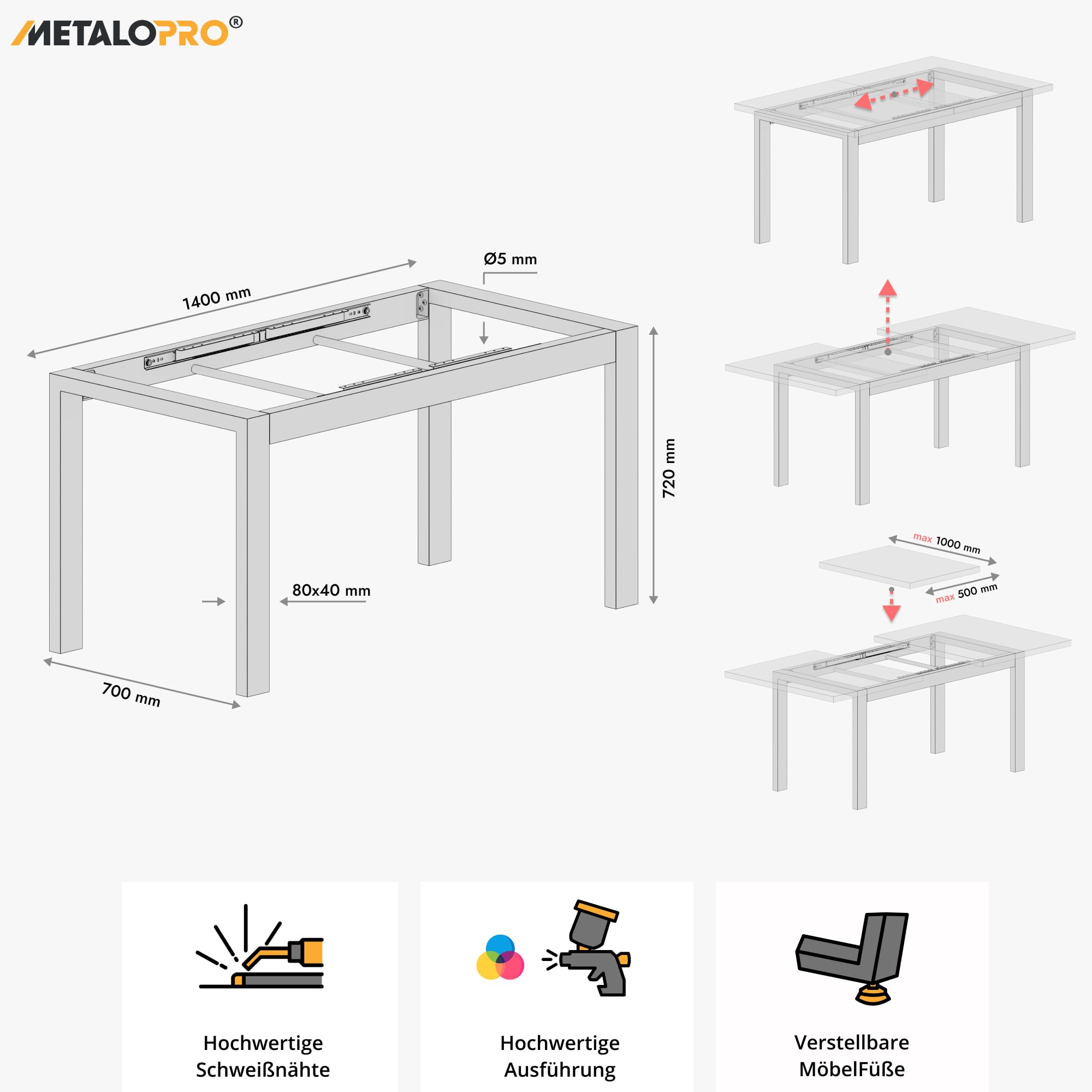 Estructura de Mesa Extensible, 140 x 70 x 72 cm, Estable y Resistente, Para Comedor, Patas de Mesa, Patines, Salón y Cocina