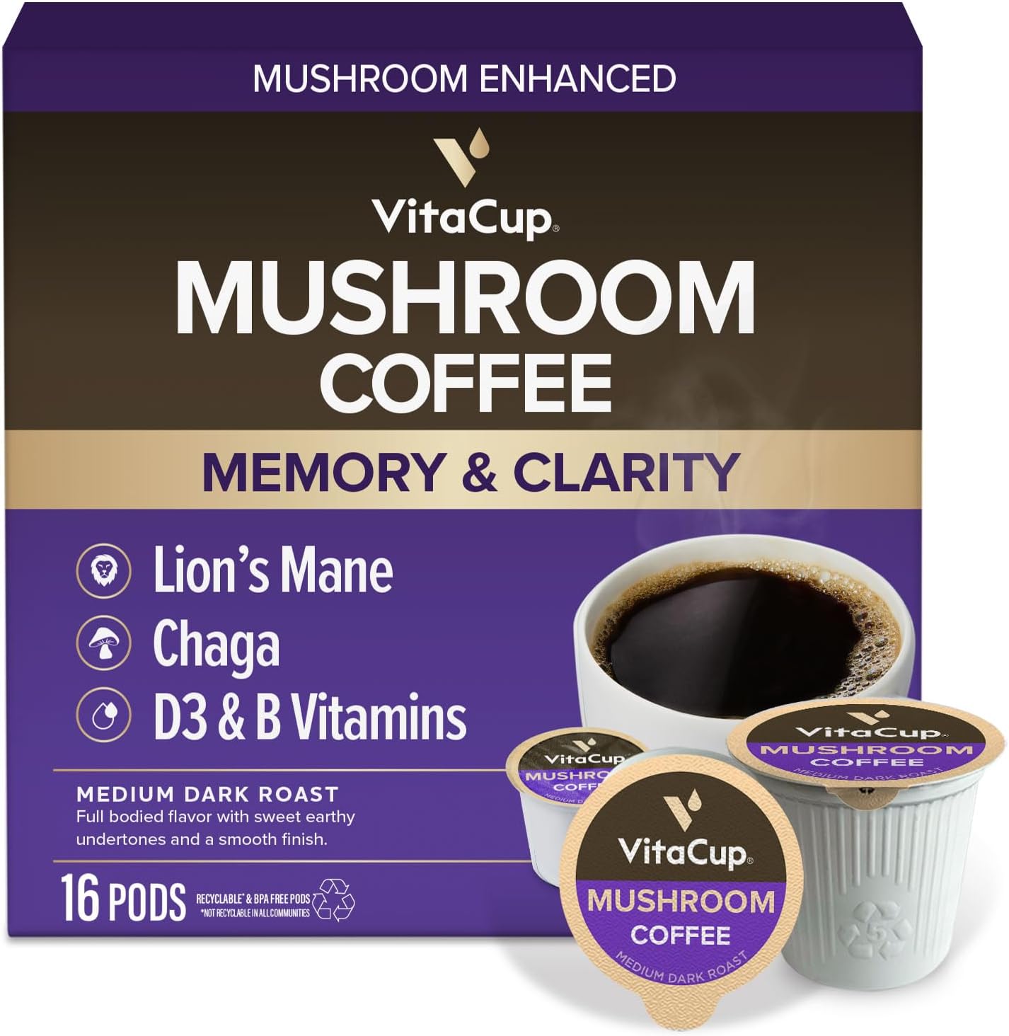 Mushroom Coffee Pods, with Lions Mane for Memory & Clarity, 16ct | Medium Roast, Boost Focus, Immunity, B Vitamins, D3, Chaga