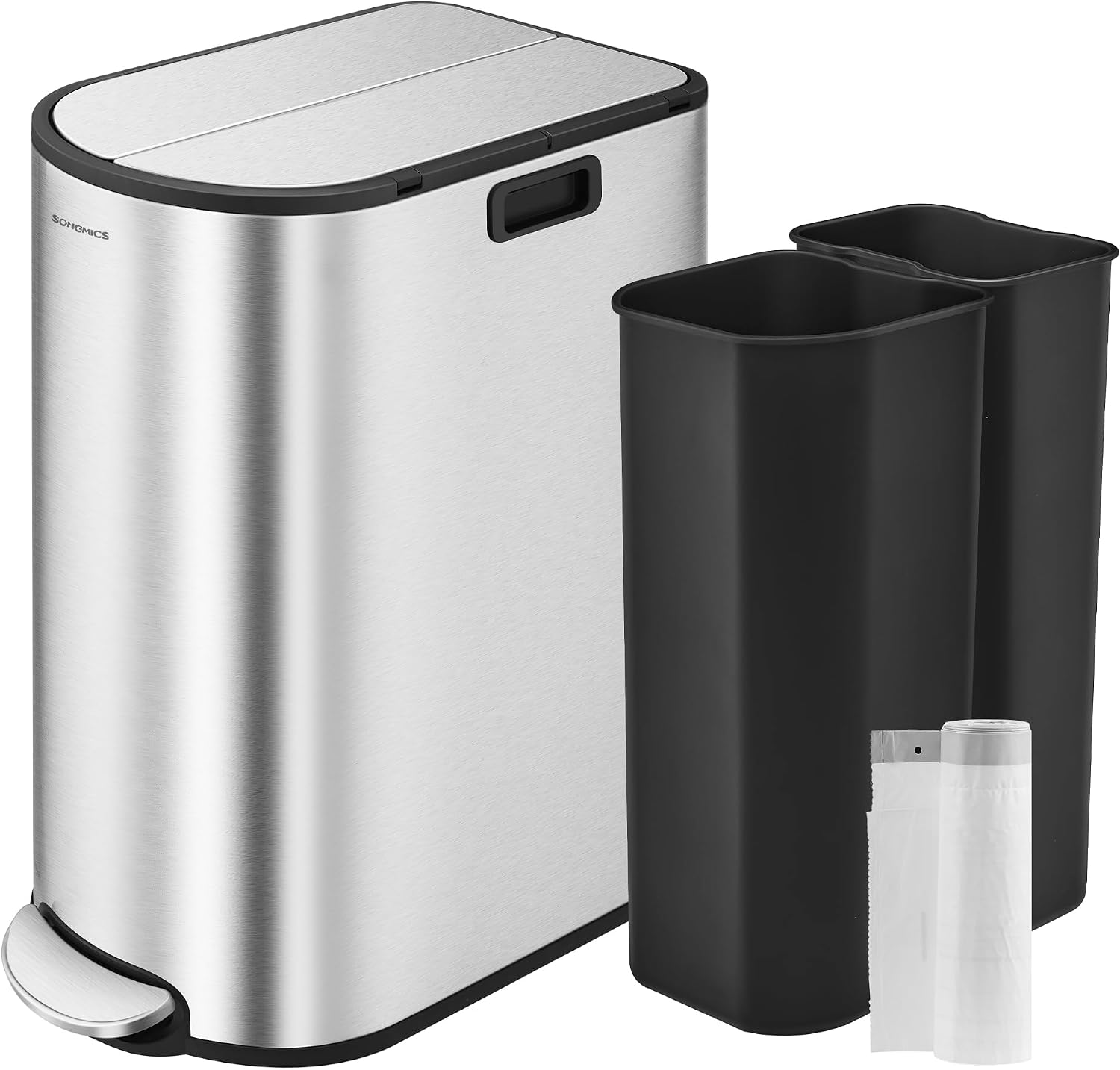 SONGMICS 13-Gallon Dual Kitchen Trash Can, 5.3 and 8 Gallon Compartments, Garbage Can with Wing Lids, Stainless Steel, Soft Close, Inner Buckets, Ink Black and Metallic Silver ULTB570B50