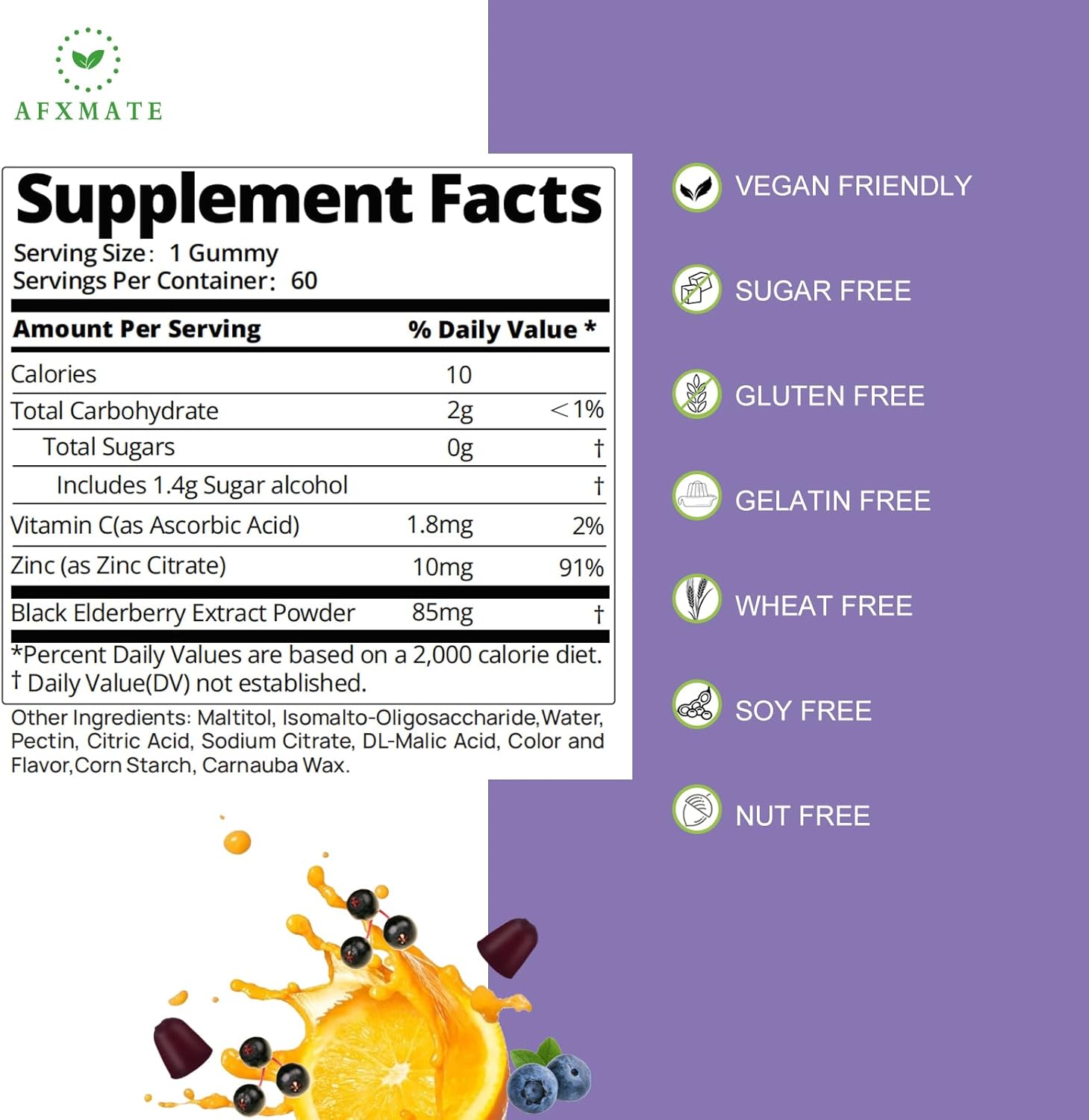 AFXMATE Sambucus Elderberry Gummies, Black Elderberry Gummy with Zinc and Vitamin C for Adults, Sugar Free Kids Multivitamin Gummies Immune Support* Supplement (2 Pack)