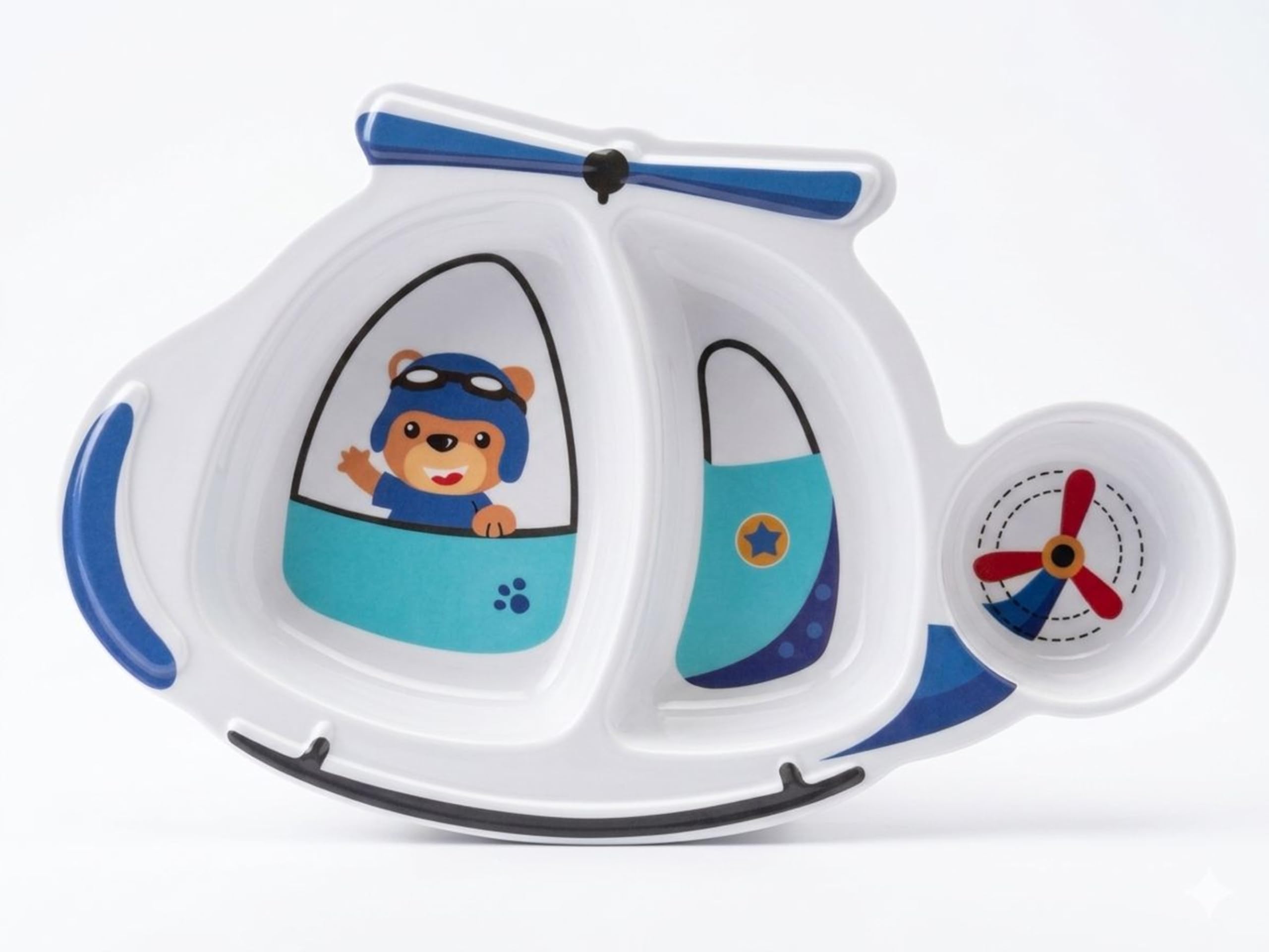Premium Melamine Helicopter Shaped Kids Plate | 3-Section Divided Meal Tray | Cute Pilot Bear Cartoon Print | Unbreakable & BPA-Free Toddler Feeding Dish | Durable Lightweight Childrens Plate-image-29