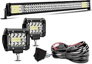 Led Light Bar T-Former 32 Inch 441W Triple Row Offroad Led Bar Waterproof Spot Flood Combo + 2Pcs 4 Inch Led Pods Fog Lights + Wiring Harness for Jeep Truck SUV ATV Utv Polaris Golf Cart