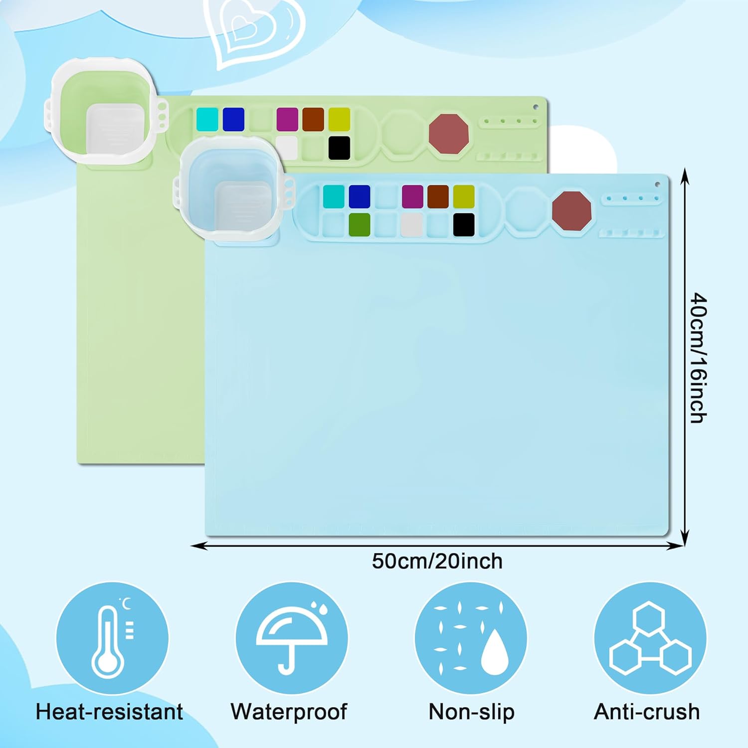 MEKOTRIN 2PCS Silicone Painting Mat, 20"X16" Art Mat with Cup and Palettes, Silicone Craft Mat has 16 Color Dividers, Paint Mat for Artist Clay DIY Creations(Blue+Green)