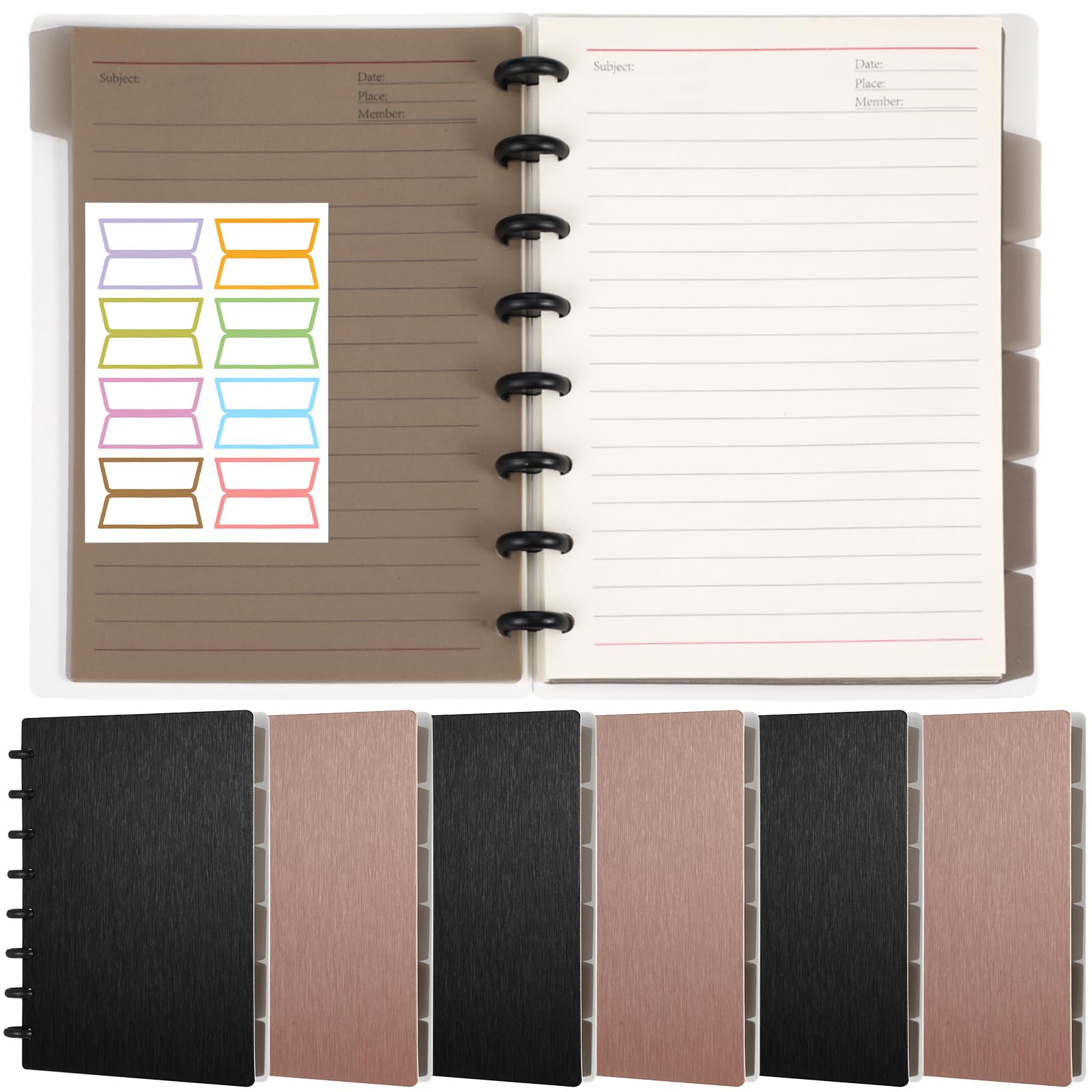 Jetec Confezione da 6 quaderni A5 a 8 dischi a spirale personalizzabili, ricaricabili, 14,9 x 21,6 cm, 5 soggetti, con 6 divisori per raccoglitori, 16 linguette rimovibili, 120 pagine a righe larghe