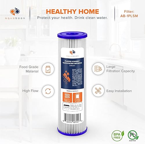 Miniatura 4 de Aquaboon Cartucho de filtro de agua de sedimentos plisado de 5 micras de 10 x 25 pulgadas repuesto universal para cualquier unidad de ósmosis