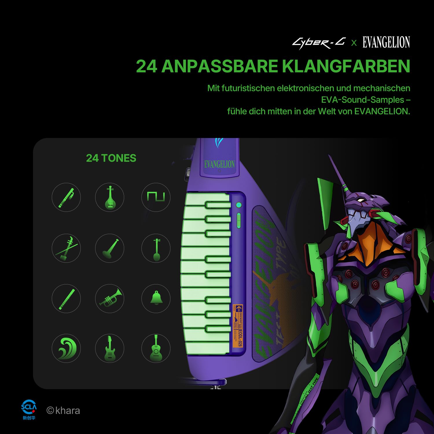Enya CYBER-G Smart E-Gitarre – Offizielle Evangelion Kollaboration, Innovative Saitenlose E- & Akustikgitarre aus Carbonfaser mit App-Learning, Effekten & Bluetooth, Tragbare Reisegitarre