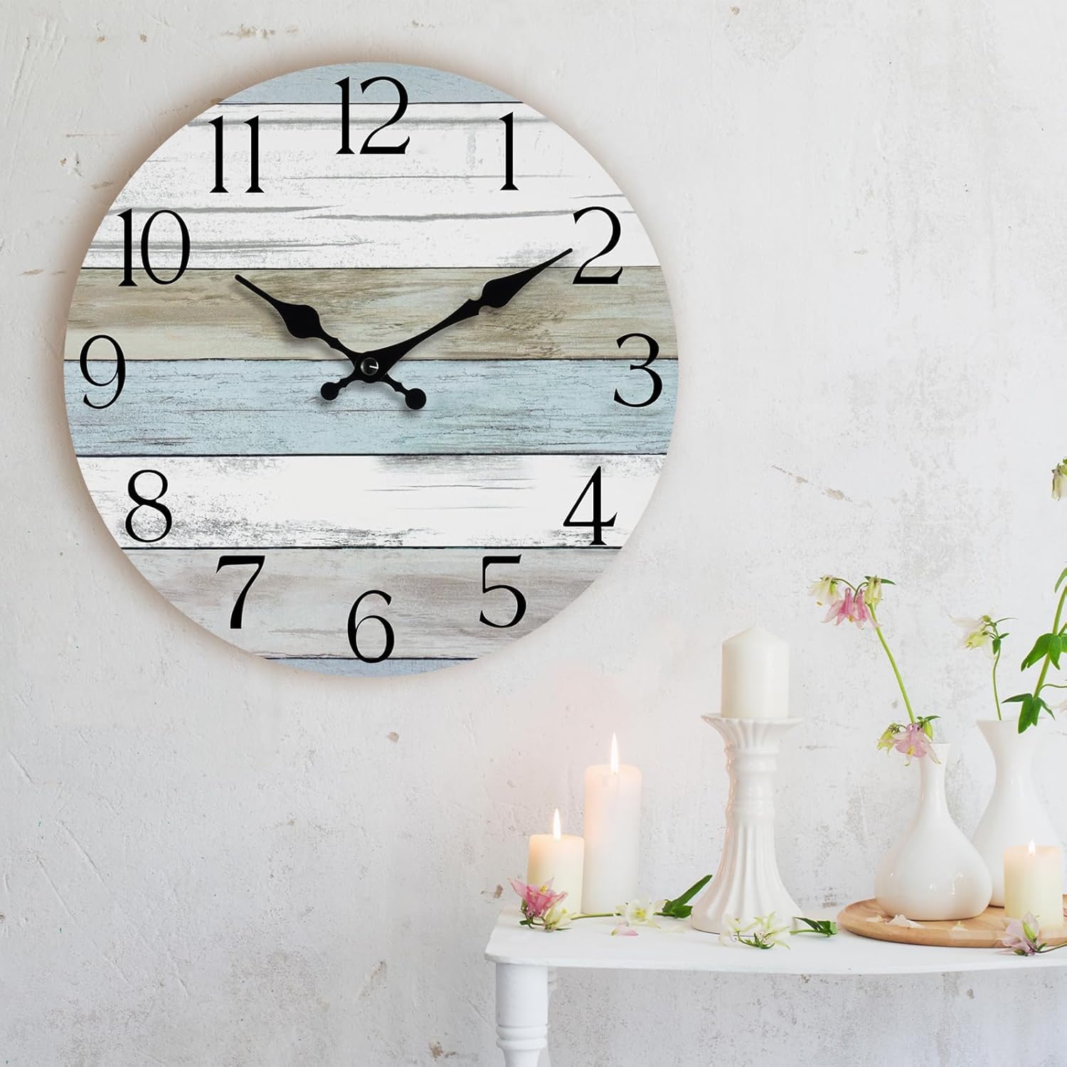 HYLANDA Wall Clock, 14 Inch Wall Clocks Battery Operated Silent Non Ticking, Large Wooden Clocks Decorative for Kitchen, Bathroom, Bedroom, Living Room Blue White