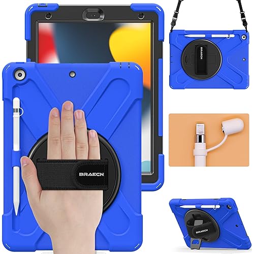 BRAECN iPad 10.2 Case 2021/2020/2019, iPad 9th/8th/7th Generation Case, Heavy Duty Kids Case with Pencil Holder Screen Protector Pencil Cap Holder Hand Strap Shoulder Strap Stand for iPad 10.2” -Blue…
