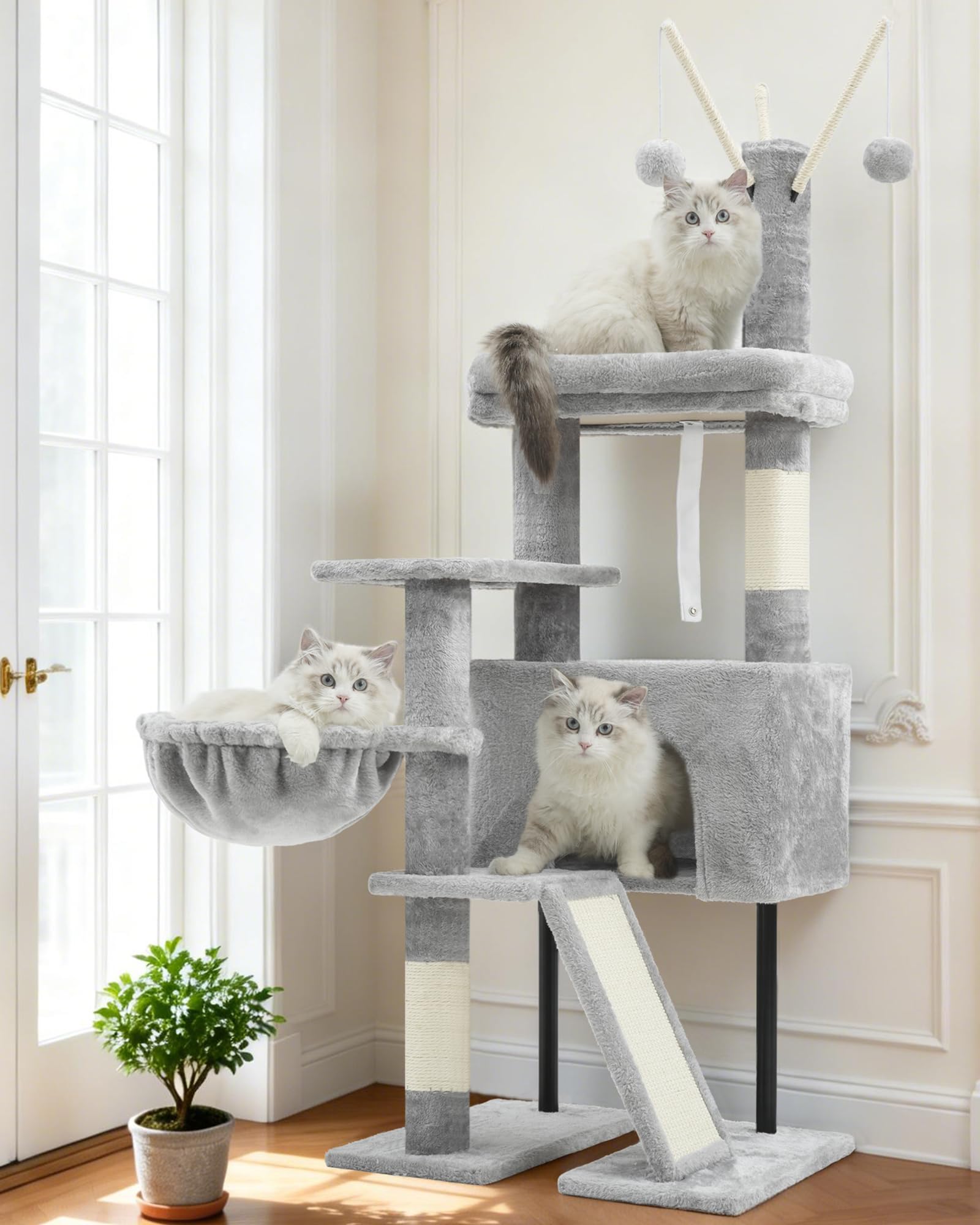 Gitelsnour Rascador para Gatos de Interior, Árbol para Gatos para Gatitos, con Postes, Plataforma Superior Desmontable, Pompones, Cuevas, Cestas, Gris Claro GCT006SW