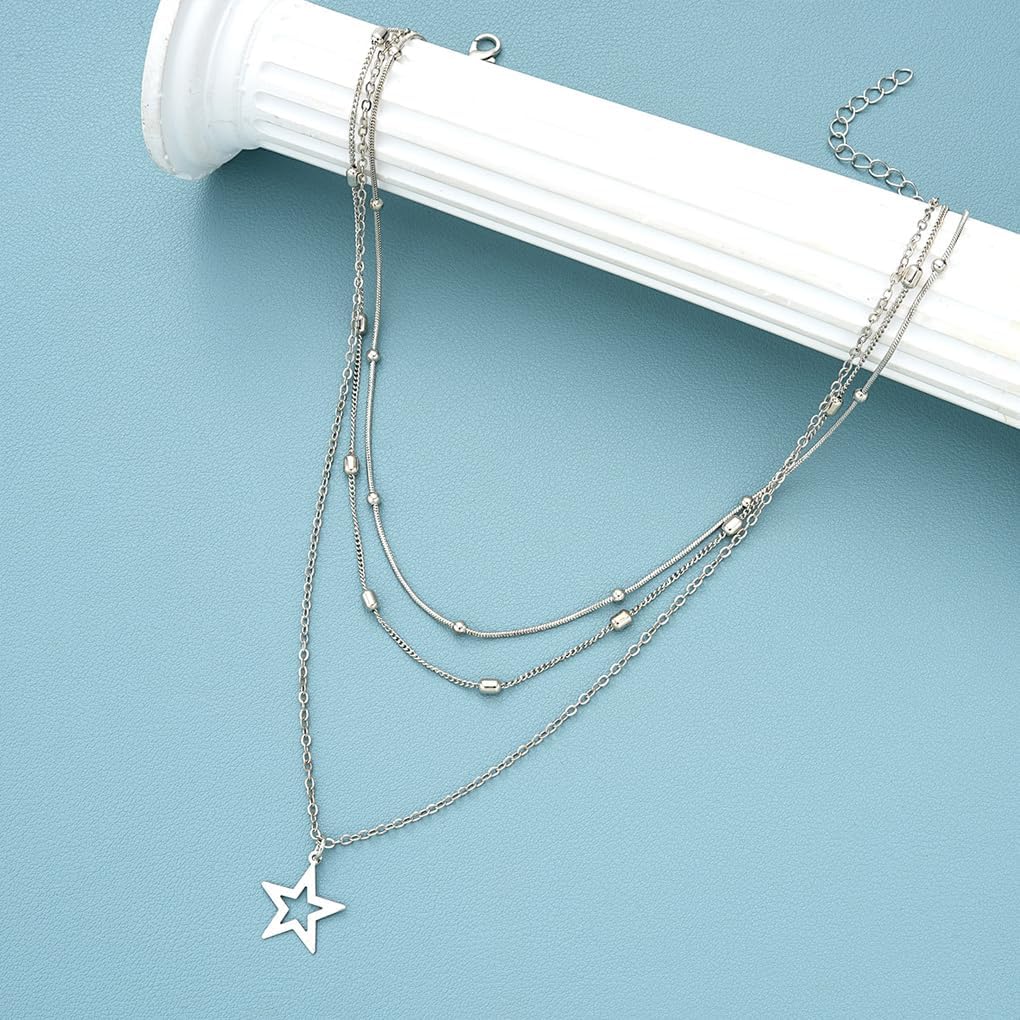 Silver Star Necklace for Women Vintage Y2K Layered Necklaces Cute Star Pendant Necklaces Charm Stacked Necklace Weeknd Jewelry Grunge Jewelry image 5