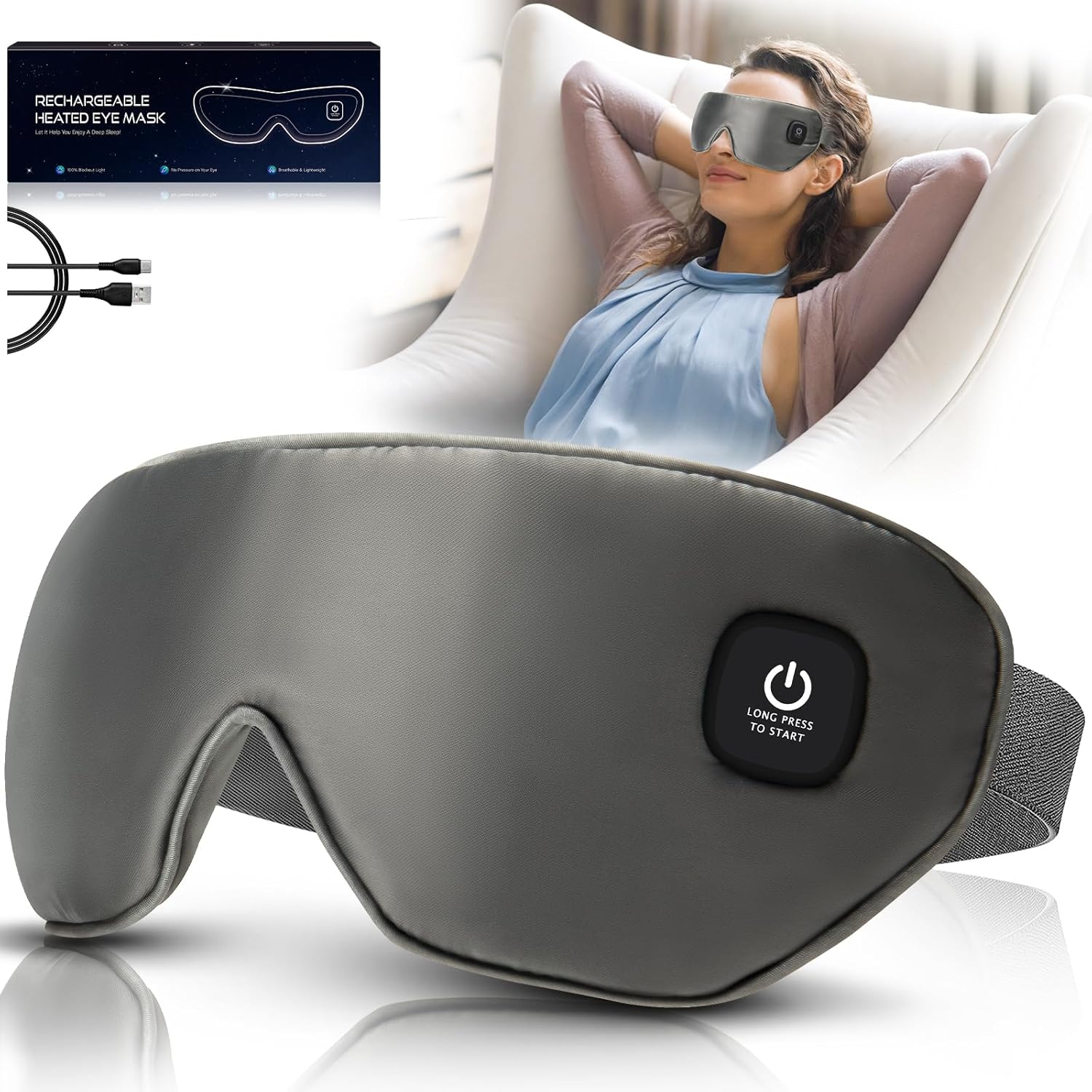 Cordless Heated Eye Mask, Washable Dry Eye Mask Warm Eye Compress Mask with Flaxseed, USB Electric Eye Heating Pad for Stye Sinus Blepharitis MGD Eye Fatigue Gifts for Men Women (Grey) (YZG23440)