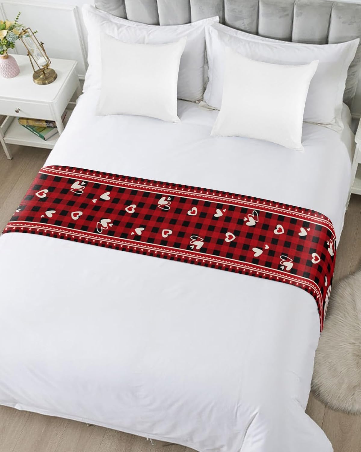 Bed Runner Scarf, Valentines Love Bird on Heart Tree Branches Red Black Plaid King Bed Bedding Scarves Cover Decorative Bed Scarf for Home Hotel Guesthouse Bedroom Wedding Room Guestrooms 83"x20"