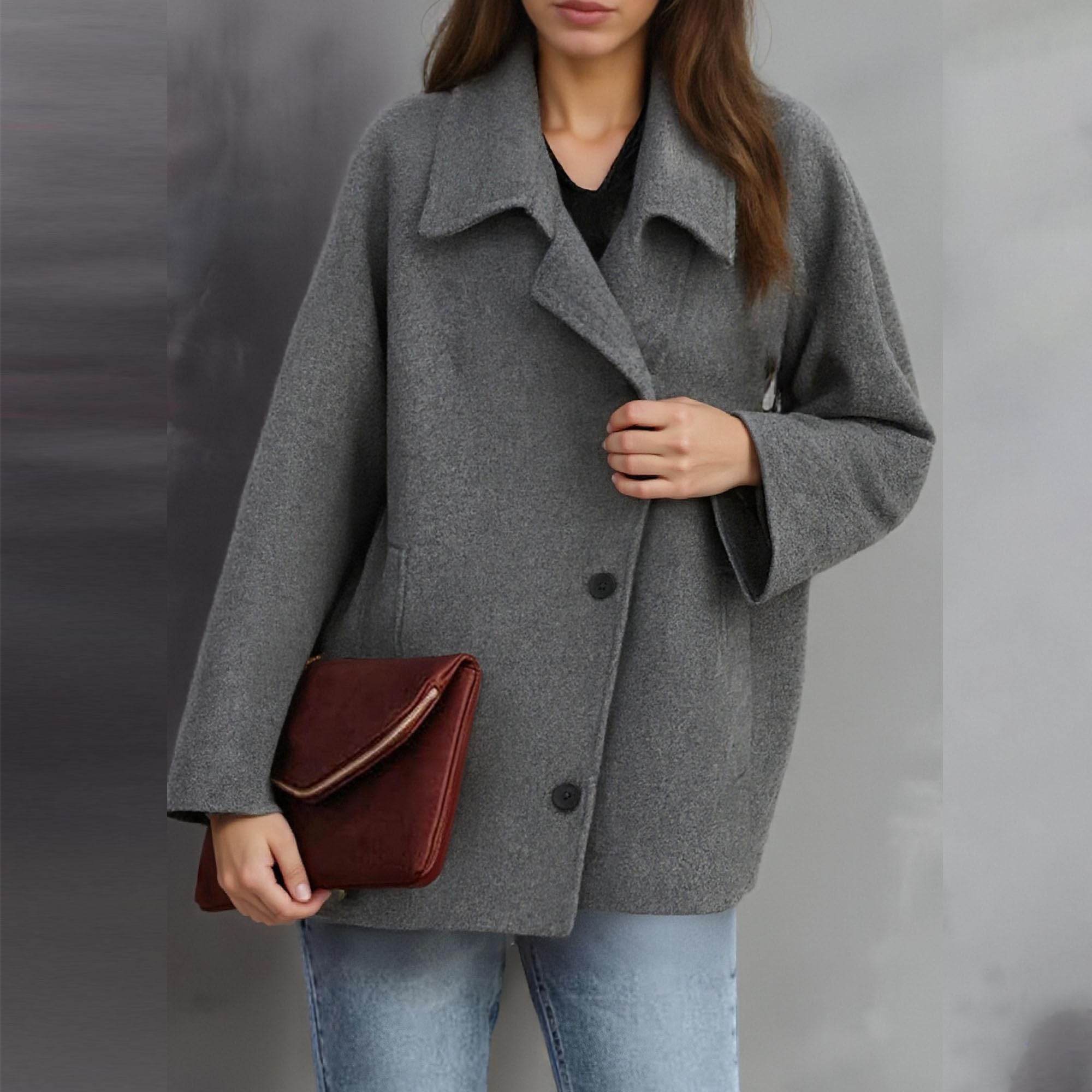 Cappotto da donna monopetto con risvolto sciolto Pulsante obliquo Solido Giacca Casual Inverno Classico Cappotto in Misto Lana Finta