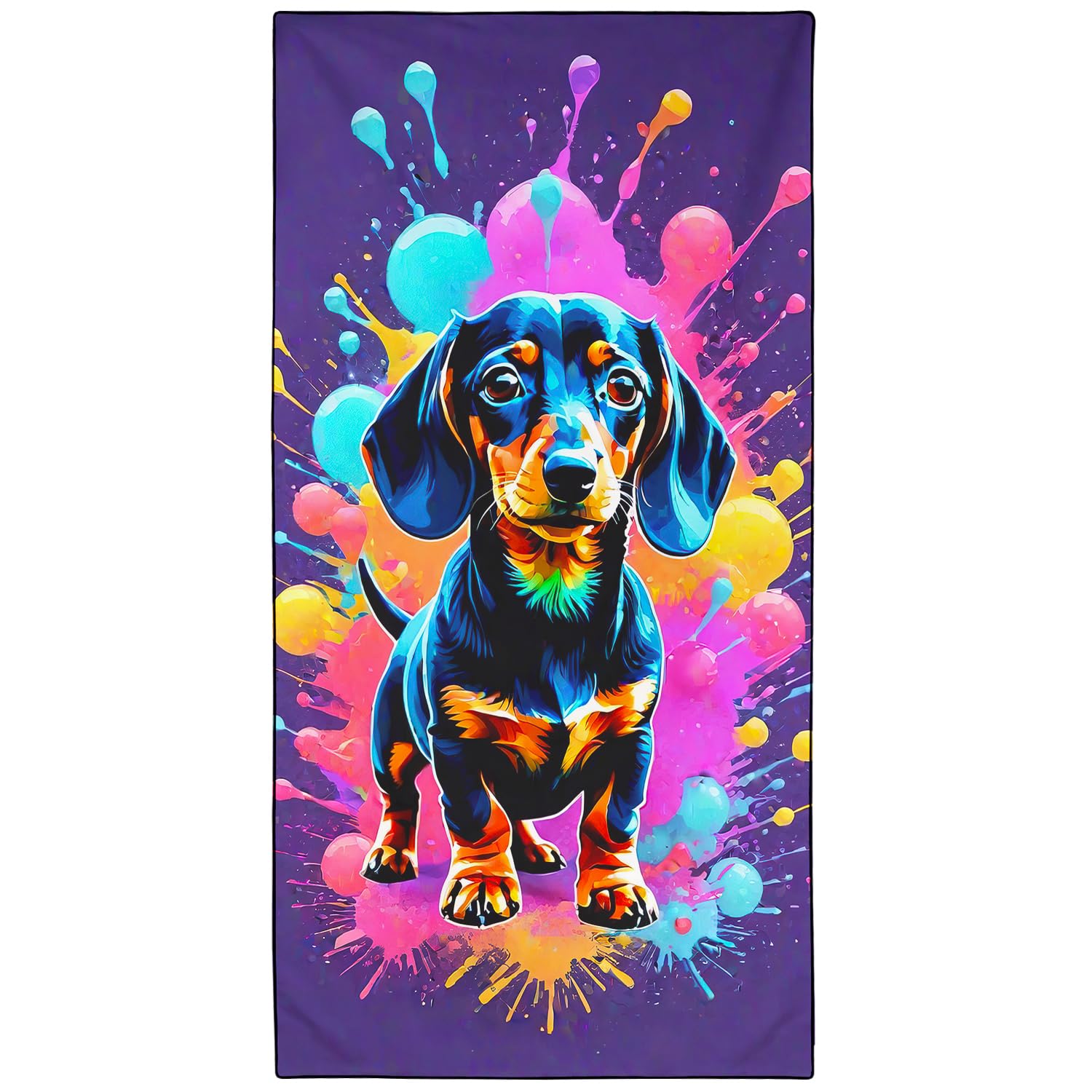 Violetpos Neon Splatter Dachshund Beach Towel for Dog Lovers, Extra Large 180x90 cm 250GSM Microfibre, Sand Free Quick Dry, Ideal Vacation Gifts with Carry Bag for Pool Cruise Camping — image 1