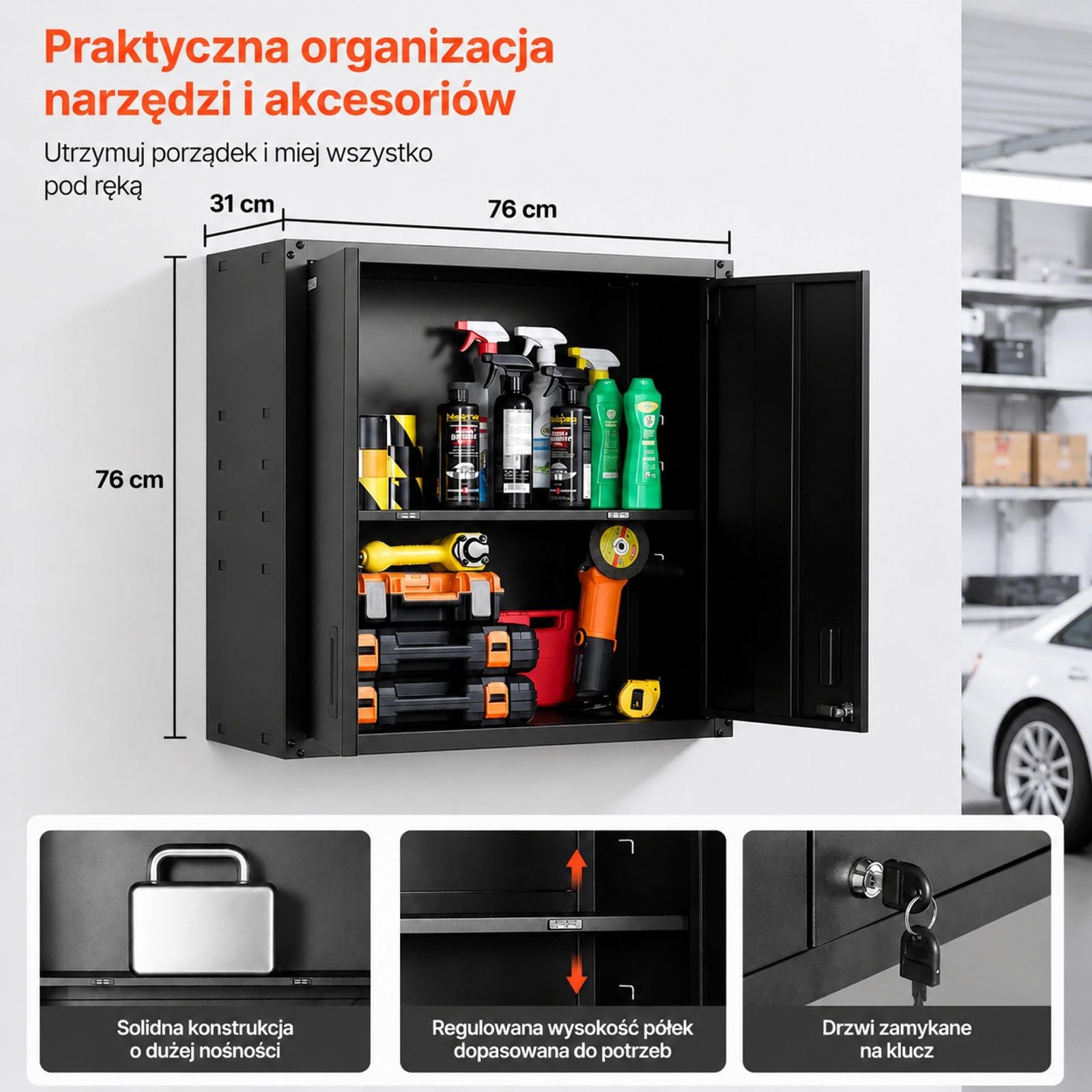 Stalowa szafka ścienna, czarna, zamykane drzwi, regulowana półka, do garażu, piwnicy, kuchni i magazynu