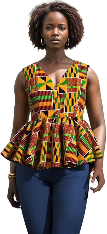 ABCWAX African Kente Print Sleeveless Peplum Top for Women - V - Neck Button - Up Blouse