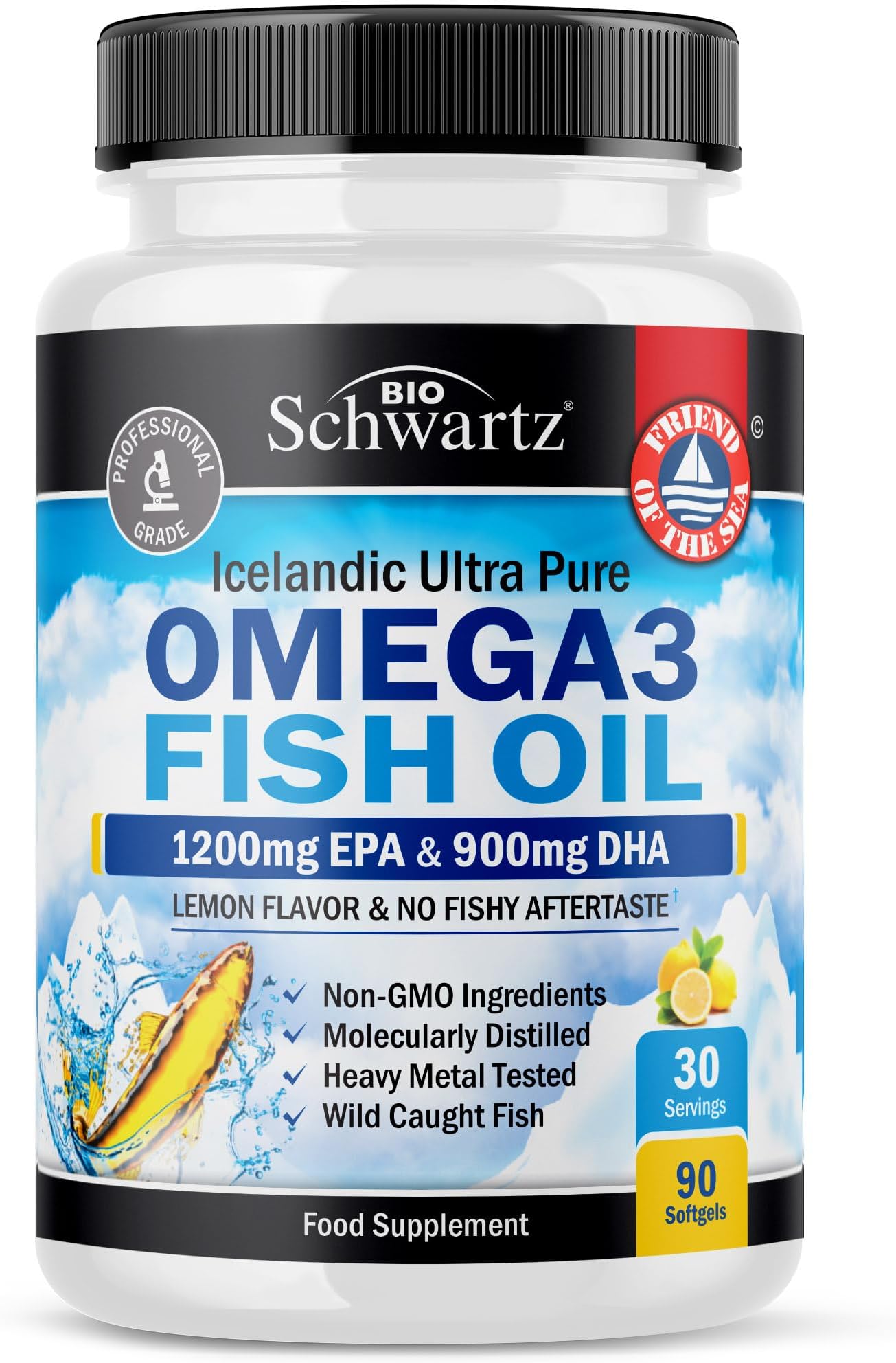BioSchwartz Fish Oil Omega 3 EPA & DHA 2250 mg - Burpless Lemon Flavor Triple Strength Supplement with Fatty Acids from Wild Icelandic Fish - Supports Joint, Eyes & Skin Health - Non GMO - 90 Softgels