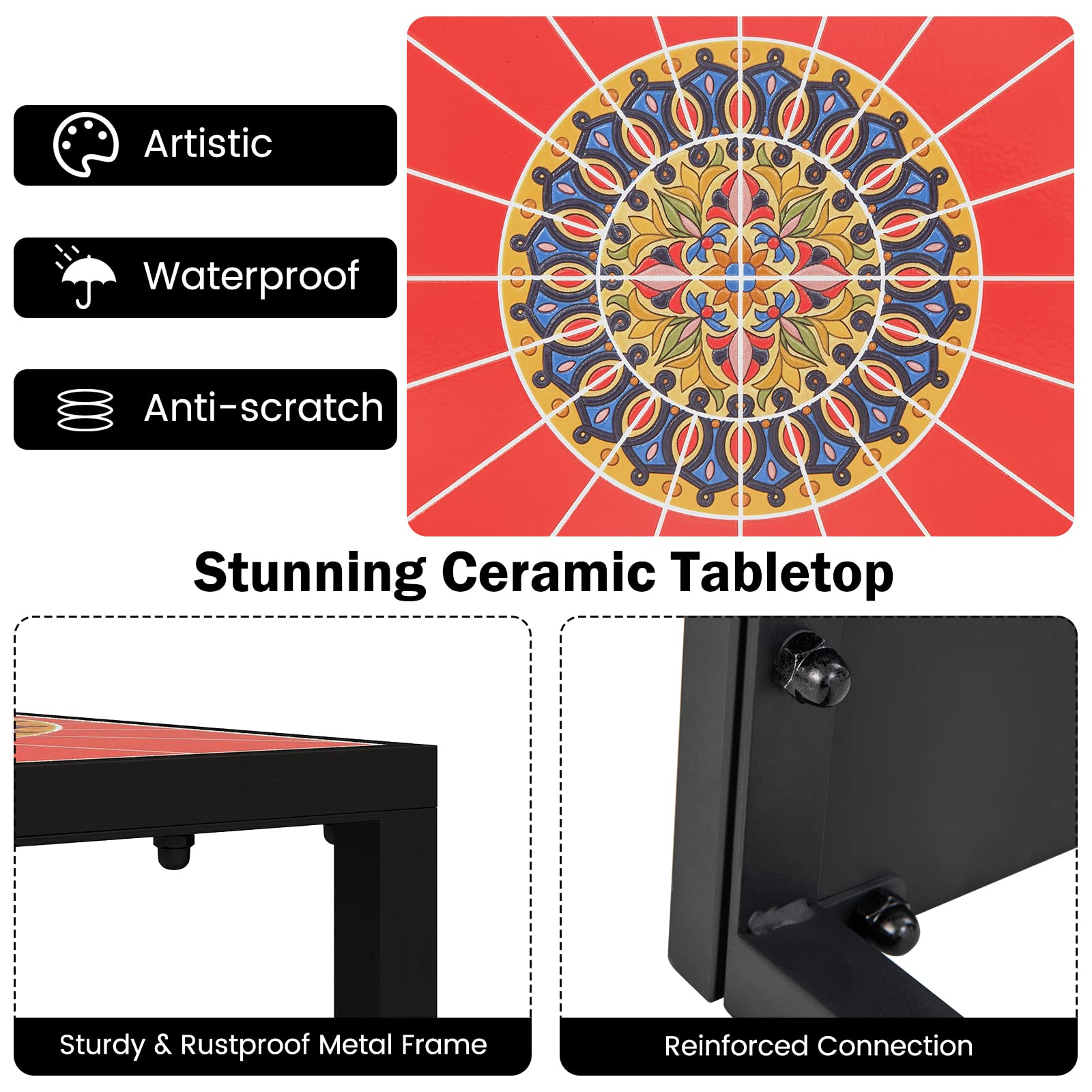 GIANTEX Bijzettafel C-vorm, koffietafel, salontafel, rechthoekig, hout met metalen frame, telefoontafel, laptoptafel, nachtkastje voor woonkamer en slaapkamer, zwart