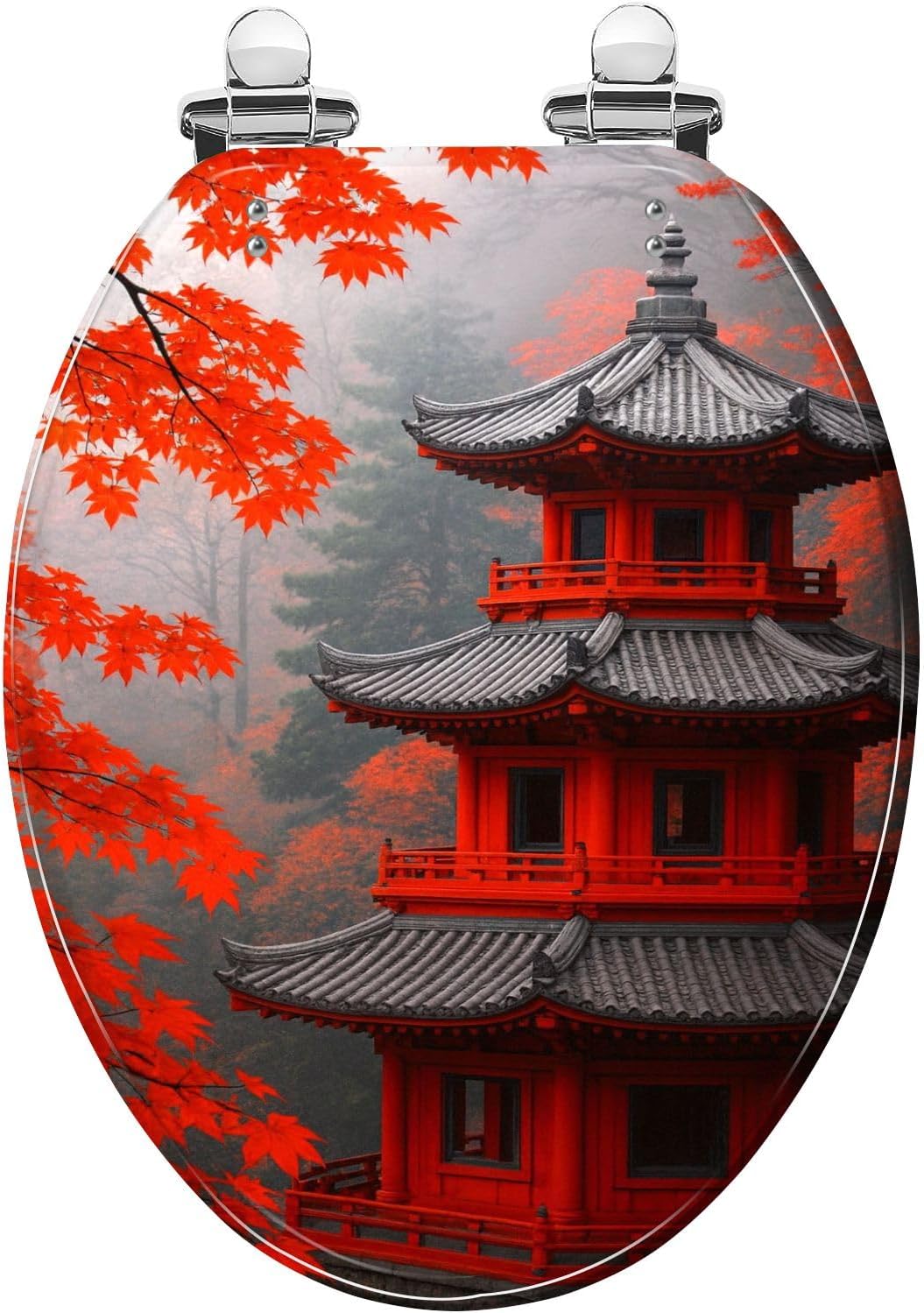 Elongated Decorative Resin Toilet Seat Quiet Close Quick Release Hinges Cover Bumpers Black White Pop Red Japanese Fall Temple Pagoda Maple Easy Install Clean